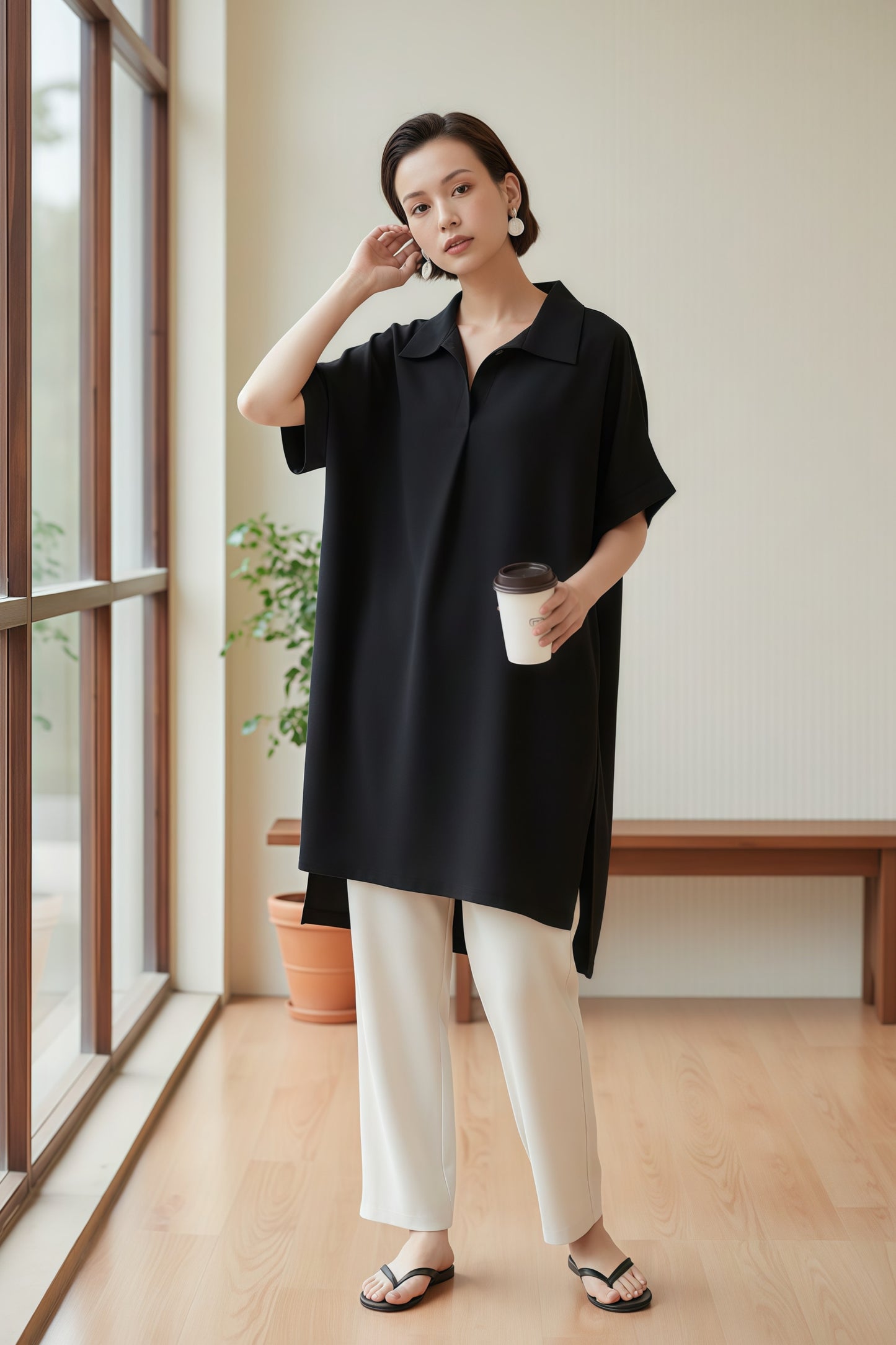 KNST352・ルーズフィットスキッパーカラーチュニックトップ