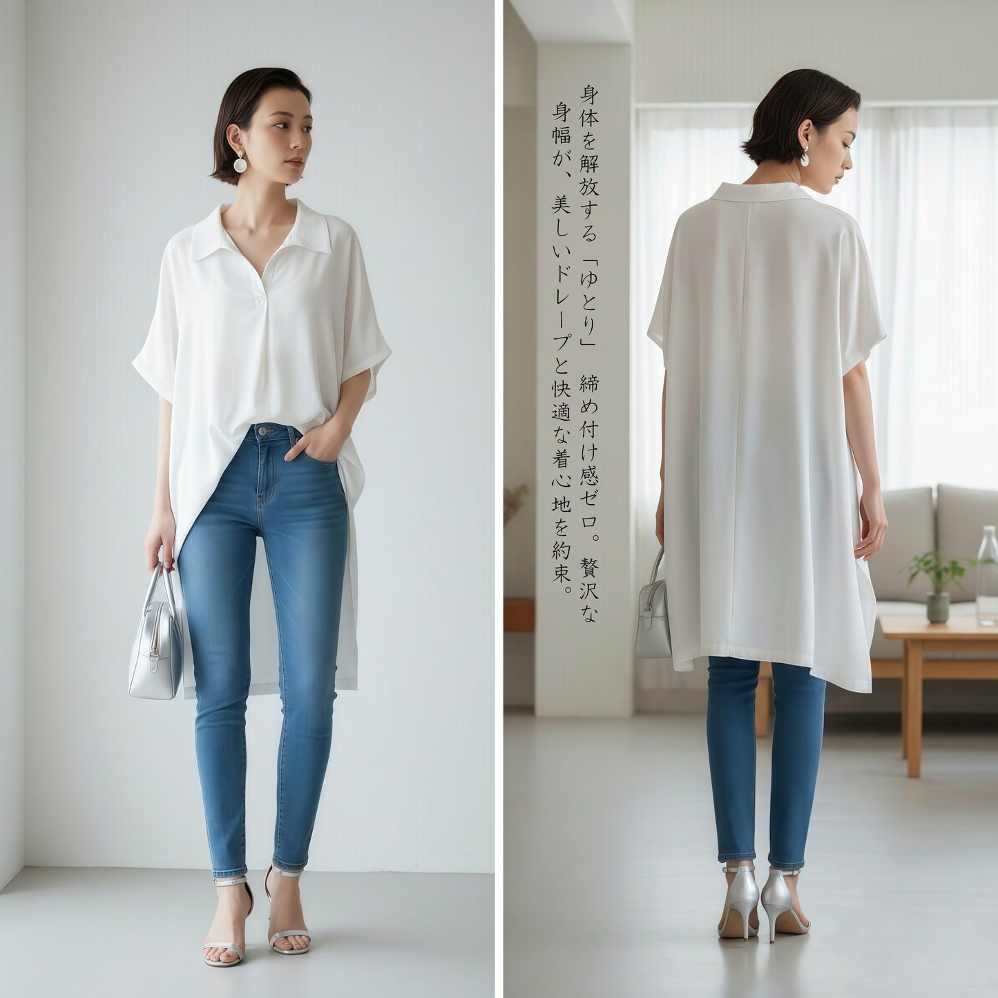 KNST352・ルーズフィットスキッパーカラーチュニックトップ