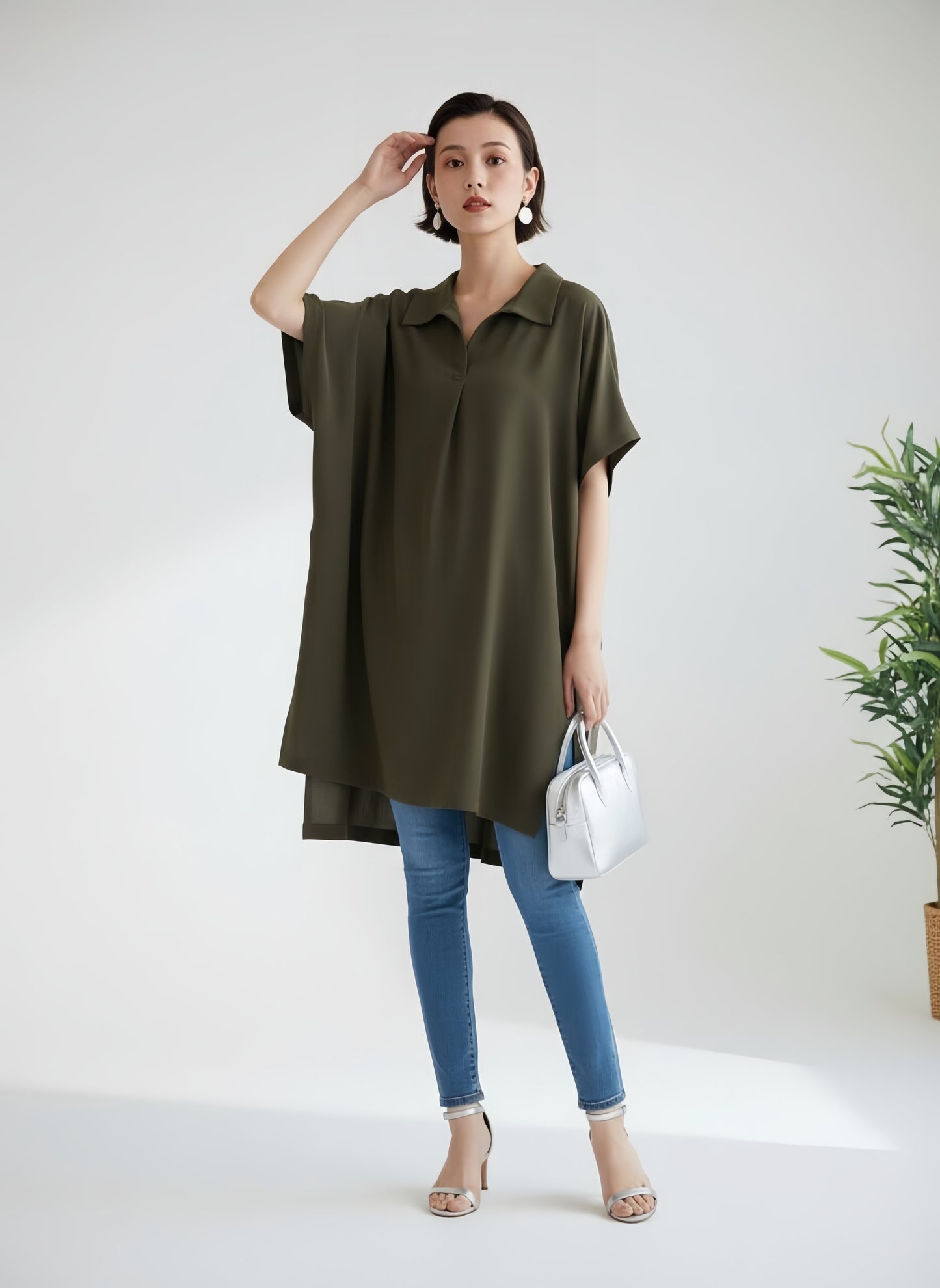 KNST352・ルーズフィットスキッパーカラーチュニックトップ