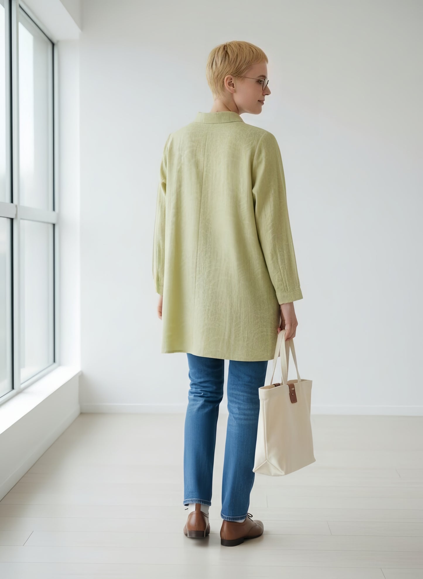 KNGT623・ジャカード織りシャツ襟長袖チュニック 波柄ムラ染風 ハーフボタン ブラウス