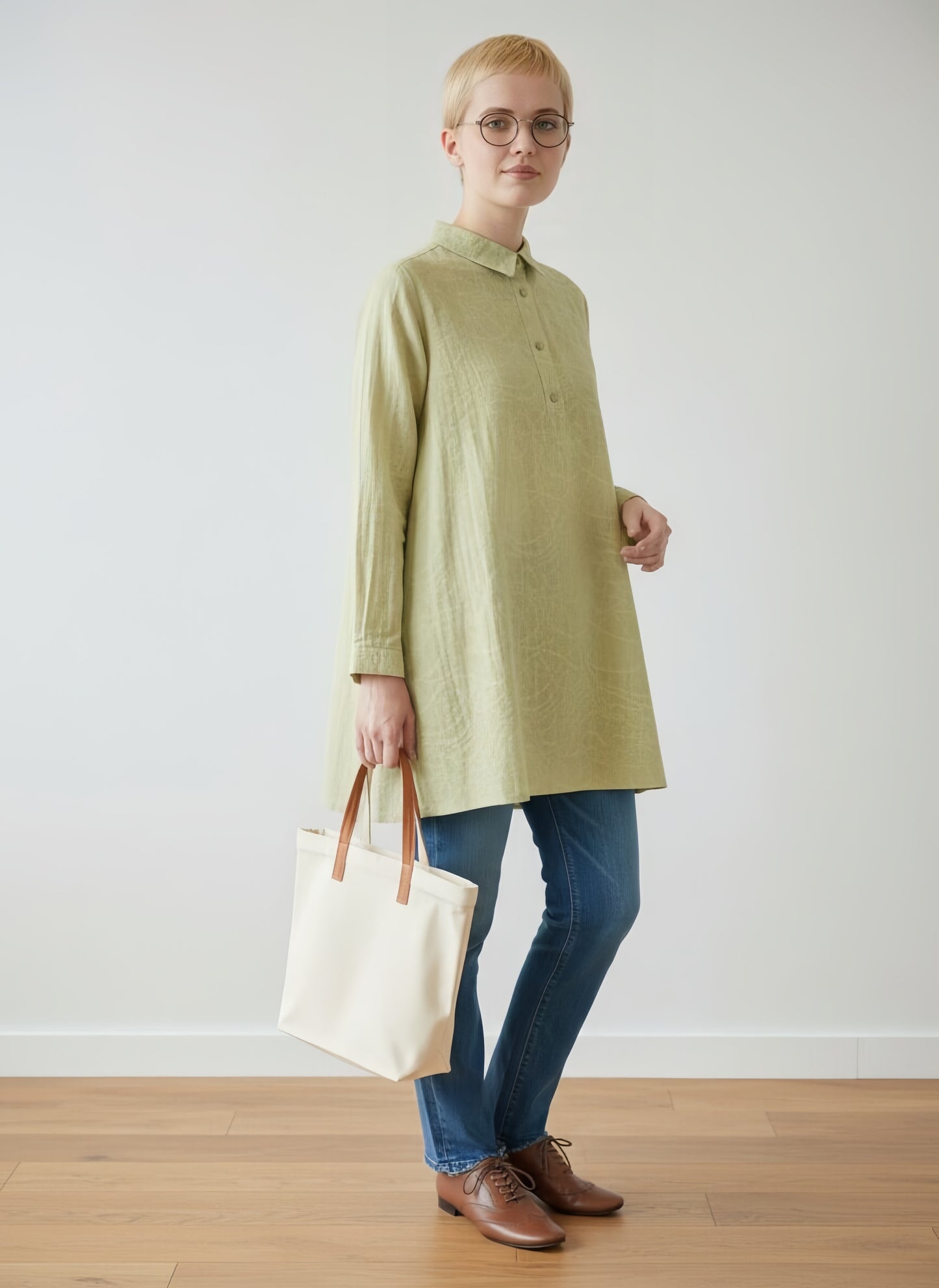 KNGT623・ジャカード織りシャツ襟長袖チュニック 波柄ムラ染風 ハーフボタン ブラウス