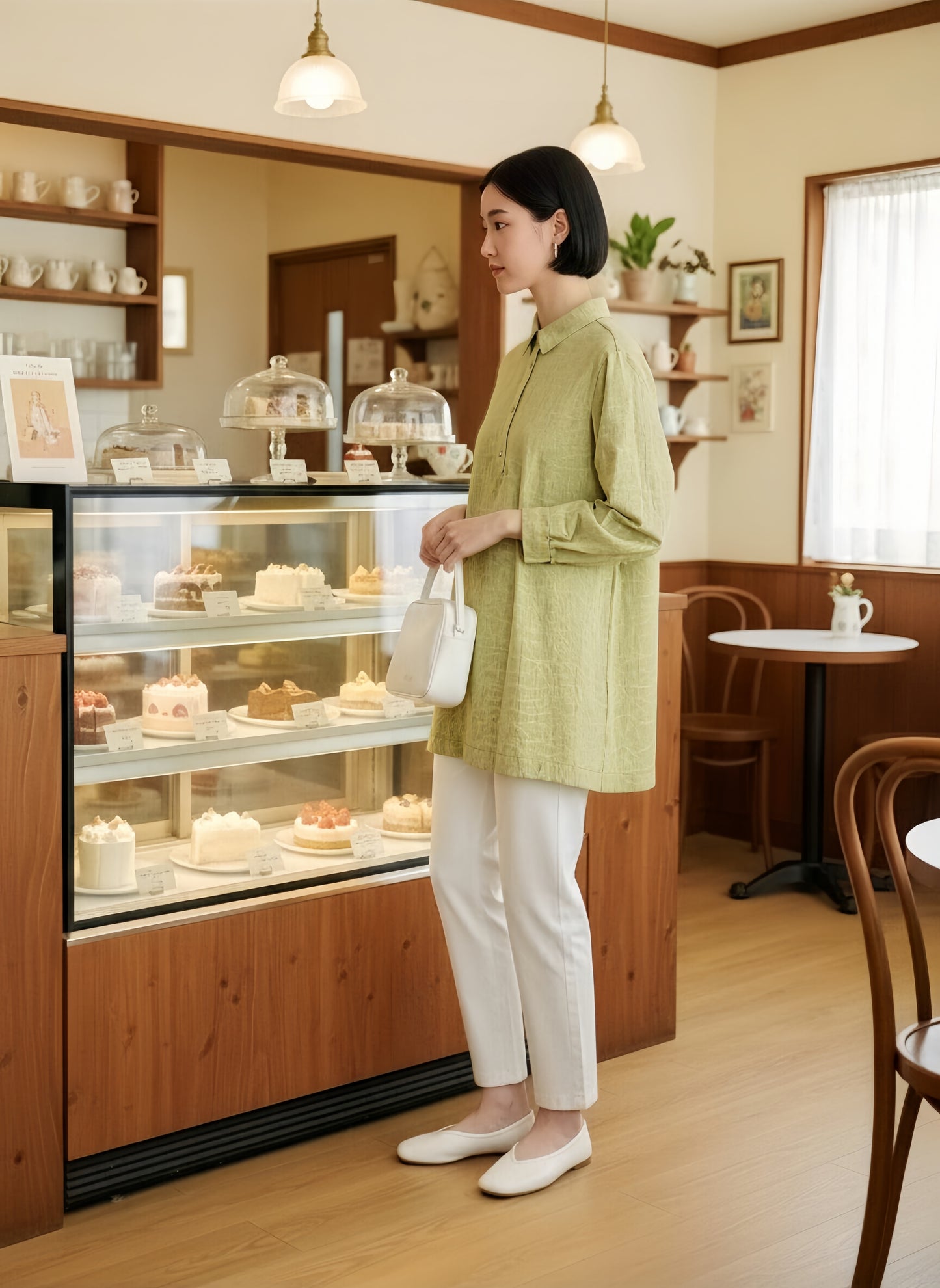 KNGT623・ジャカード織りシャツ襟長袖チュニック 波柄ムラ染風 ハーフボタン ブラウス