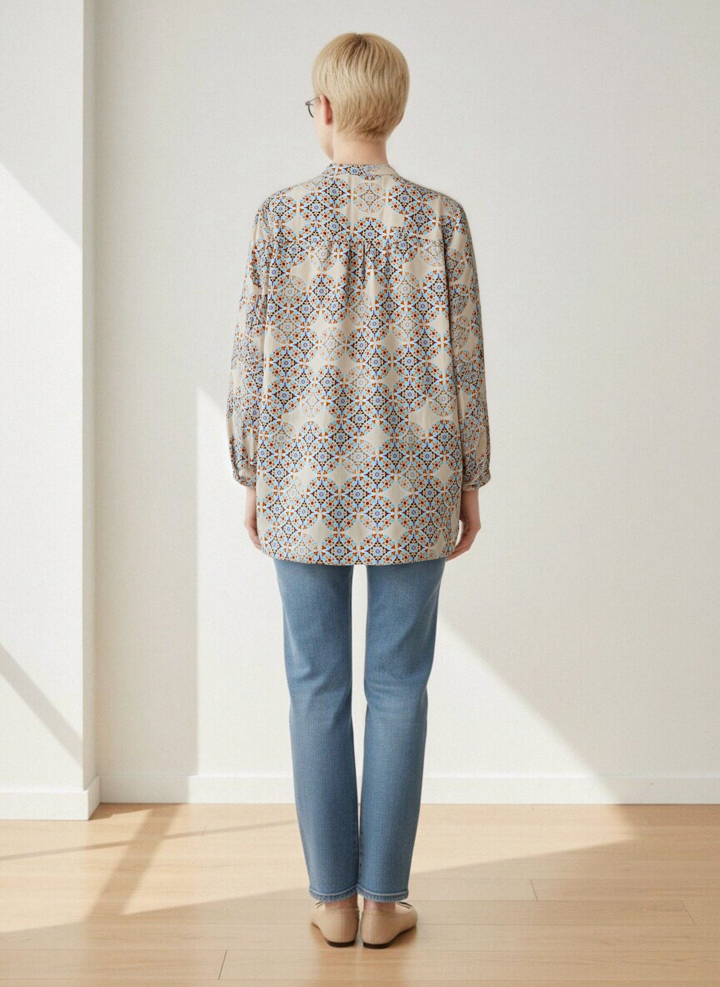 KNR670・綿プリントピンタック長袖シャツ・アンティークモロッカン柄ブラウス