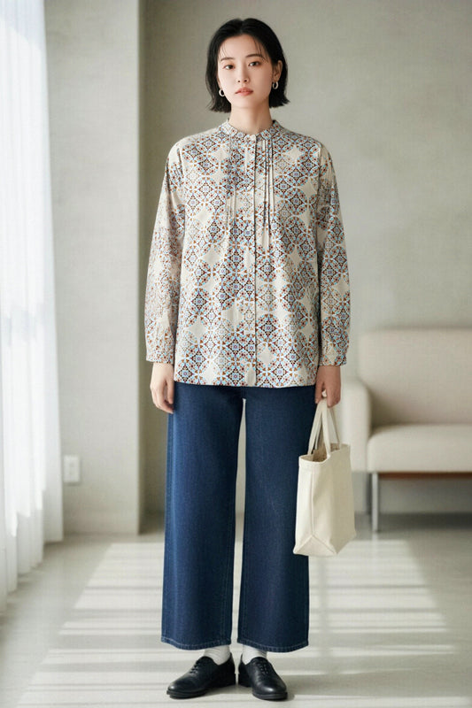 KNR670・綿プリントピンタック長袖シャツ・アンティークモロッカン柄ブラウス