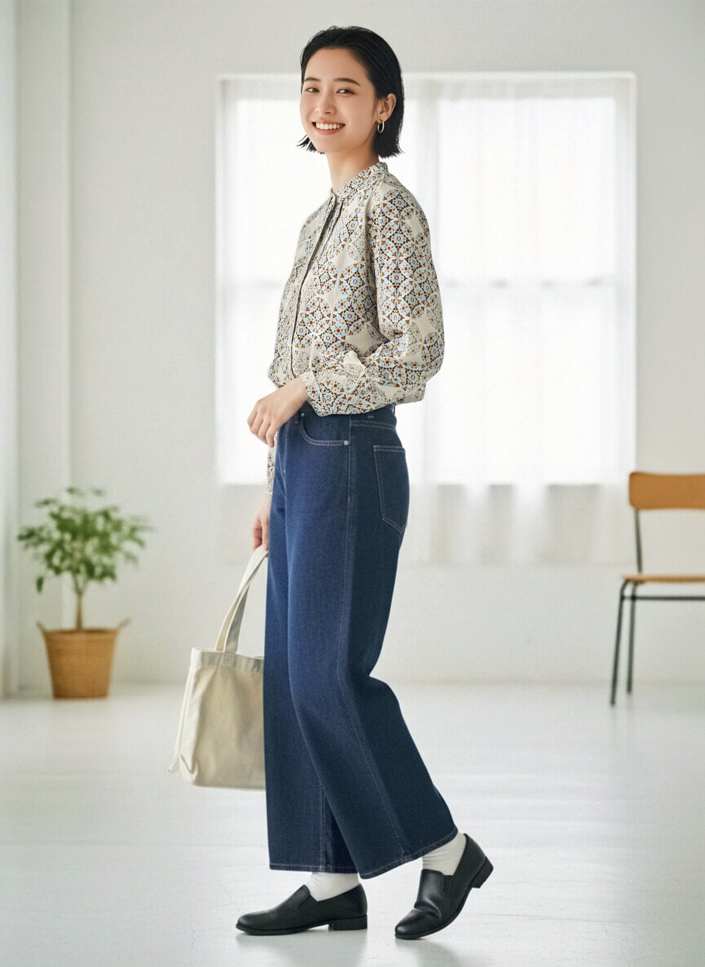 KNR670・綿プリントピンタック長袖シャツ・アンティークモロッカン柄ブラウス