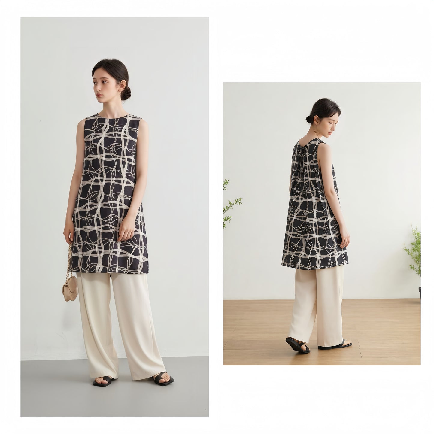 KNR646・抽象的ナミナミ格子柄プリントノースリーブ背中タックチュニック