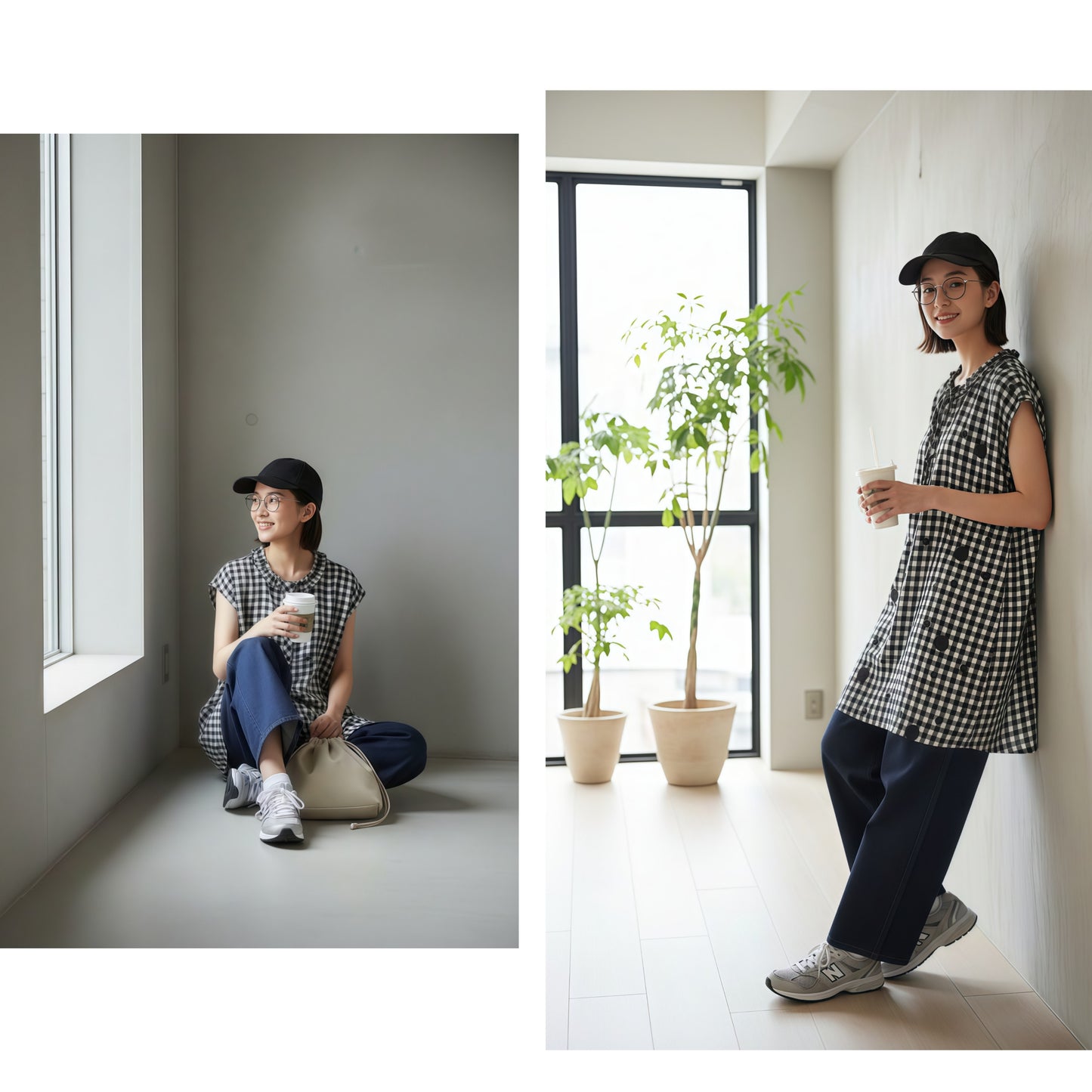 KNGT637・チェック水玉プリントフリル衿のとろみデシンチュニック丈ノースリーブワンピース