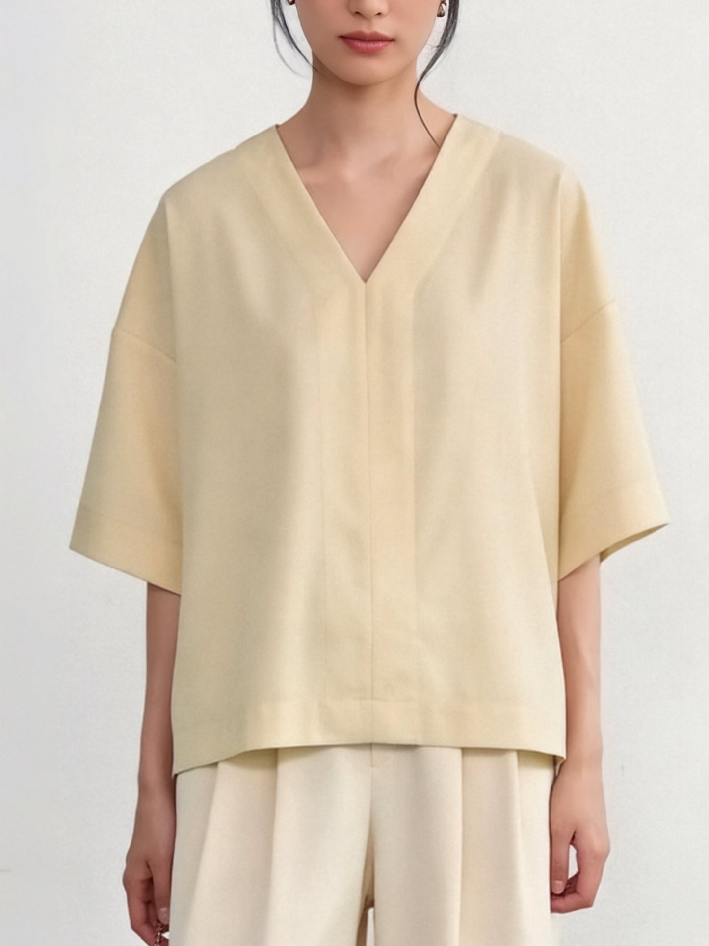 KNXT407-New color arrival・Short sleeve V-neck center seam topCLEAN Style・Simple pullover