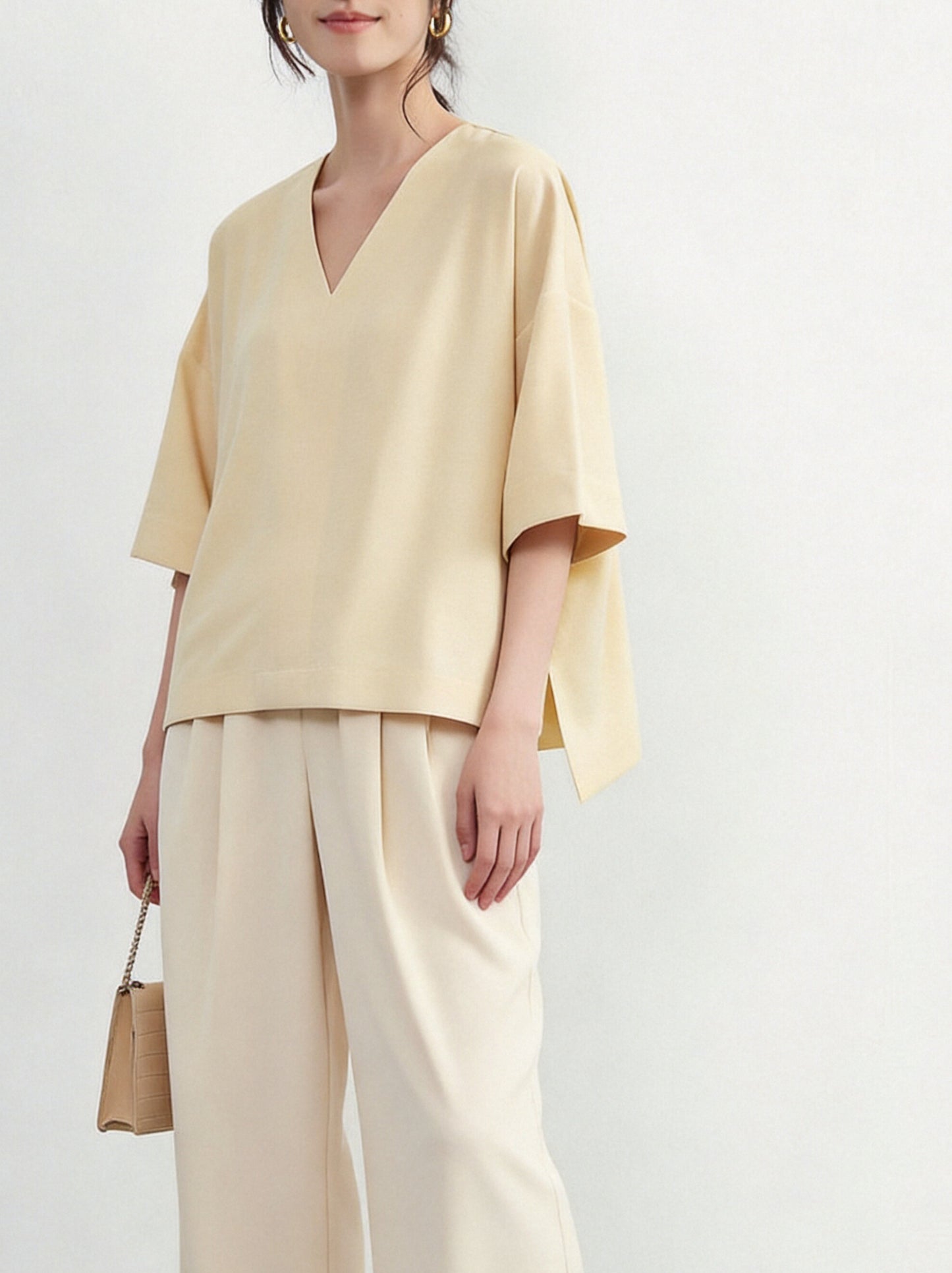 KNXT407-New color arrival・Short sleeve V-neck center seam topCLEAN Style・Simple pullover