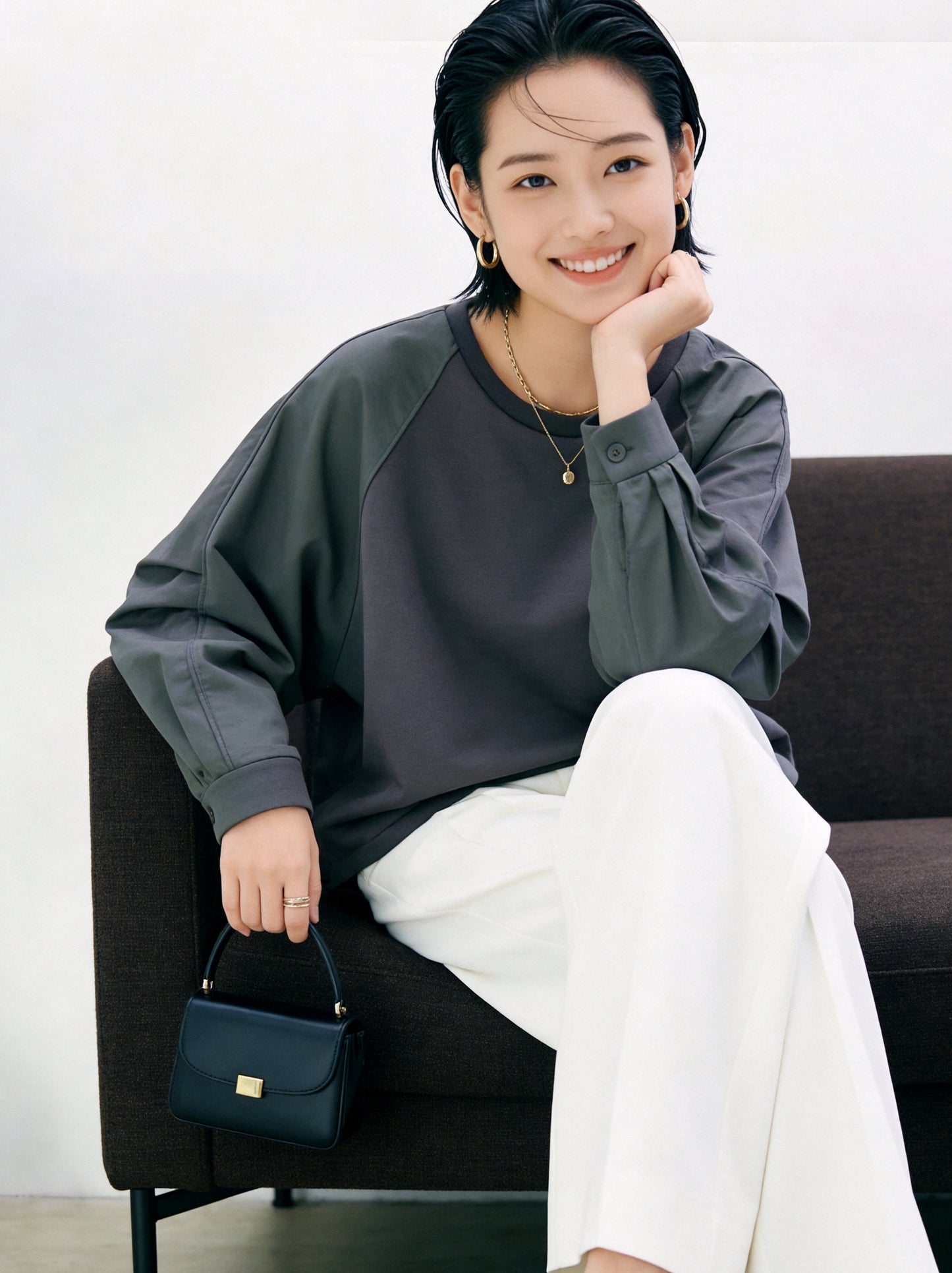 KNR692・異素材タックスリーブスウェットプルオーバー