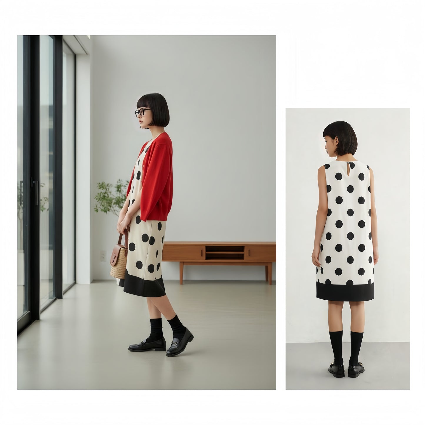KNGT635・麻混BIGドット柄ノースリーブ裾切替ワンピース