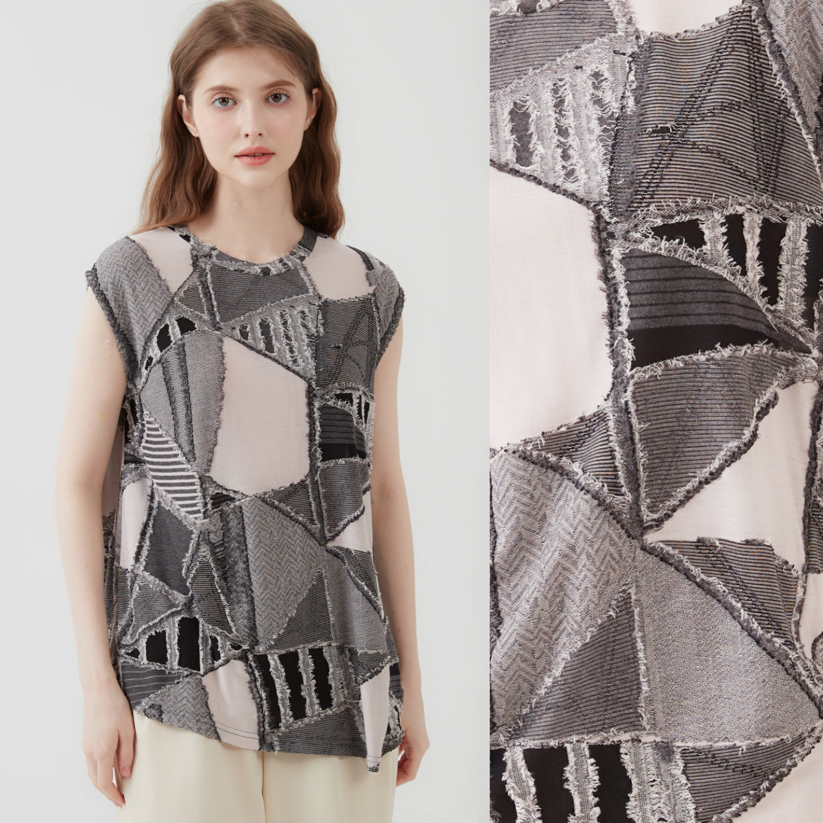 Geometric jacquard, stylish mix pattern, T-shirt, cap sleeve, top tunic KNXT425 