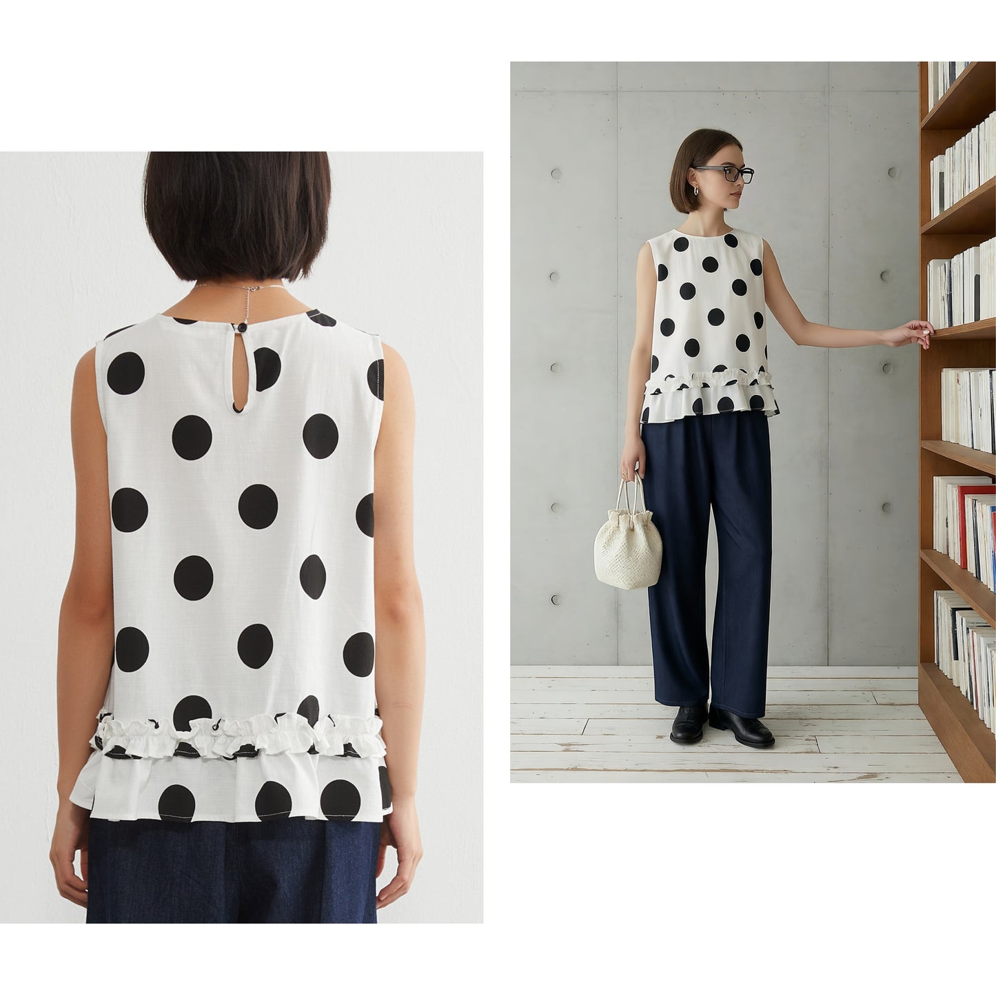 KNGT636・麻混裾フリルBIGドット柄ノースリーブTOP