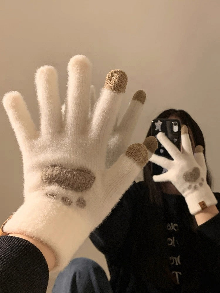 手袋 レディース メンズ スマホ対応 肉球デザイン ニット手袋 5本指 スマホタッチ対応 かわいい 防寒 冬小物KYS-009