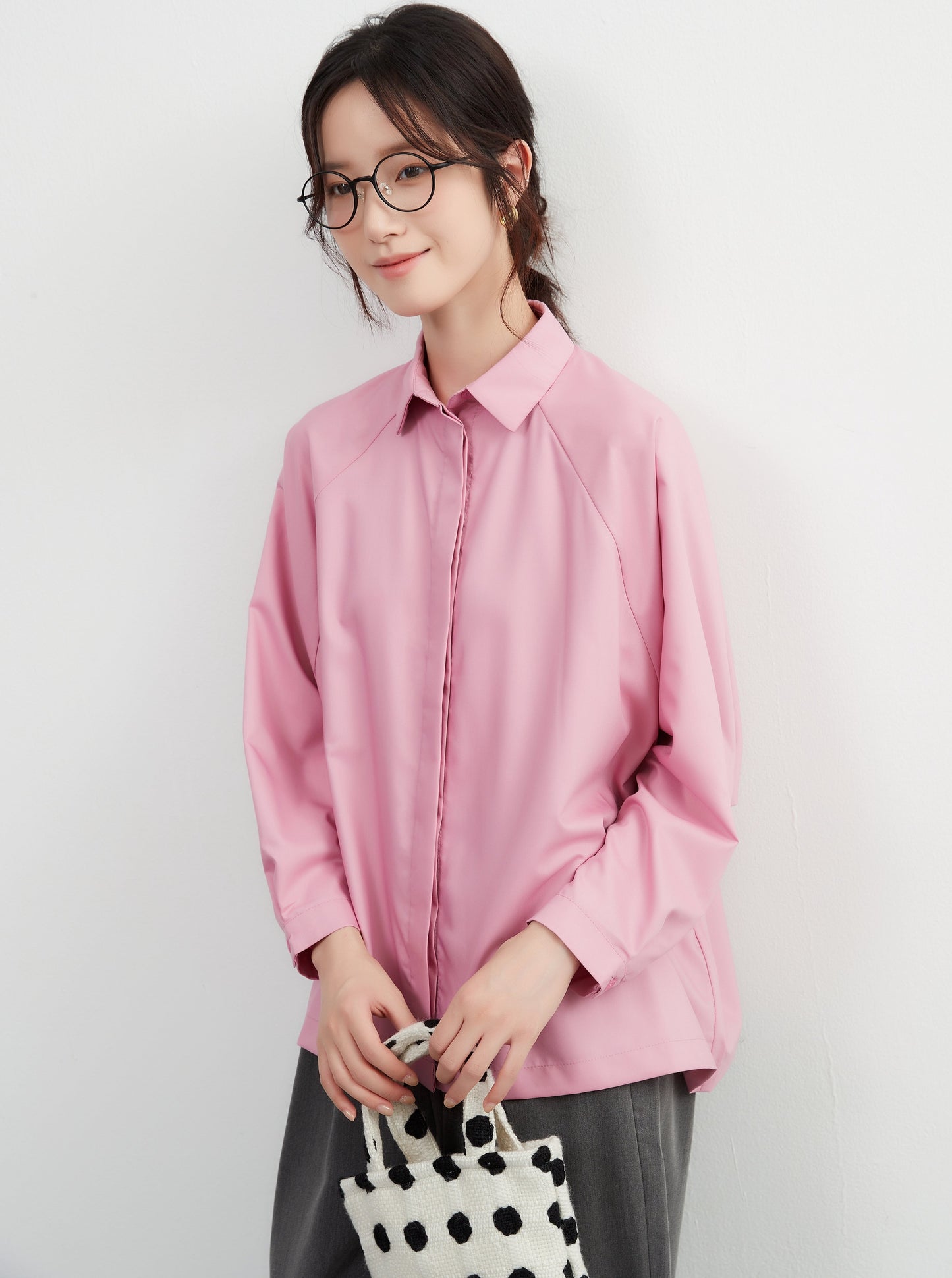 KNXC511 Wrinkle-resistant, long-sleeved raglan wide sleeves, ladies' shirt, office casual, minimalist and simple, classic top