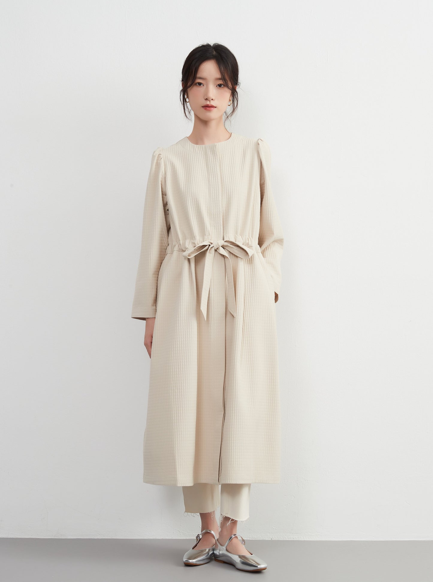 KNXJ512, ribbon belt dress-style jacket, long sleeve outerwear dress, three-dimensional lattice material