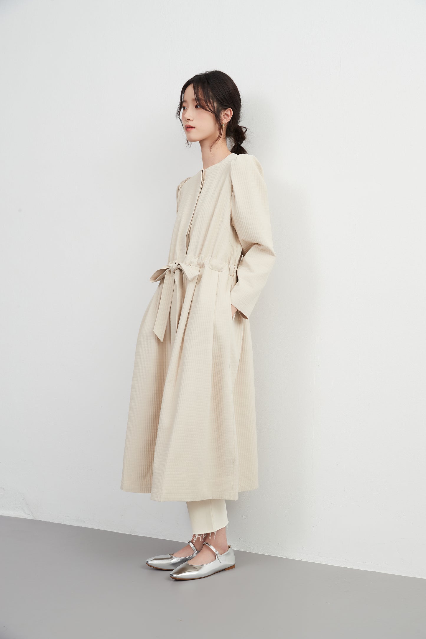 KNXJ512, ribbon belt dress-style jacket, long sleeve outerwear dress, three-dimensional lattice material