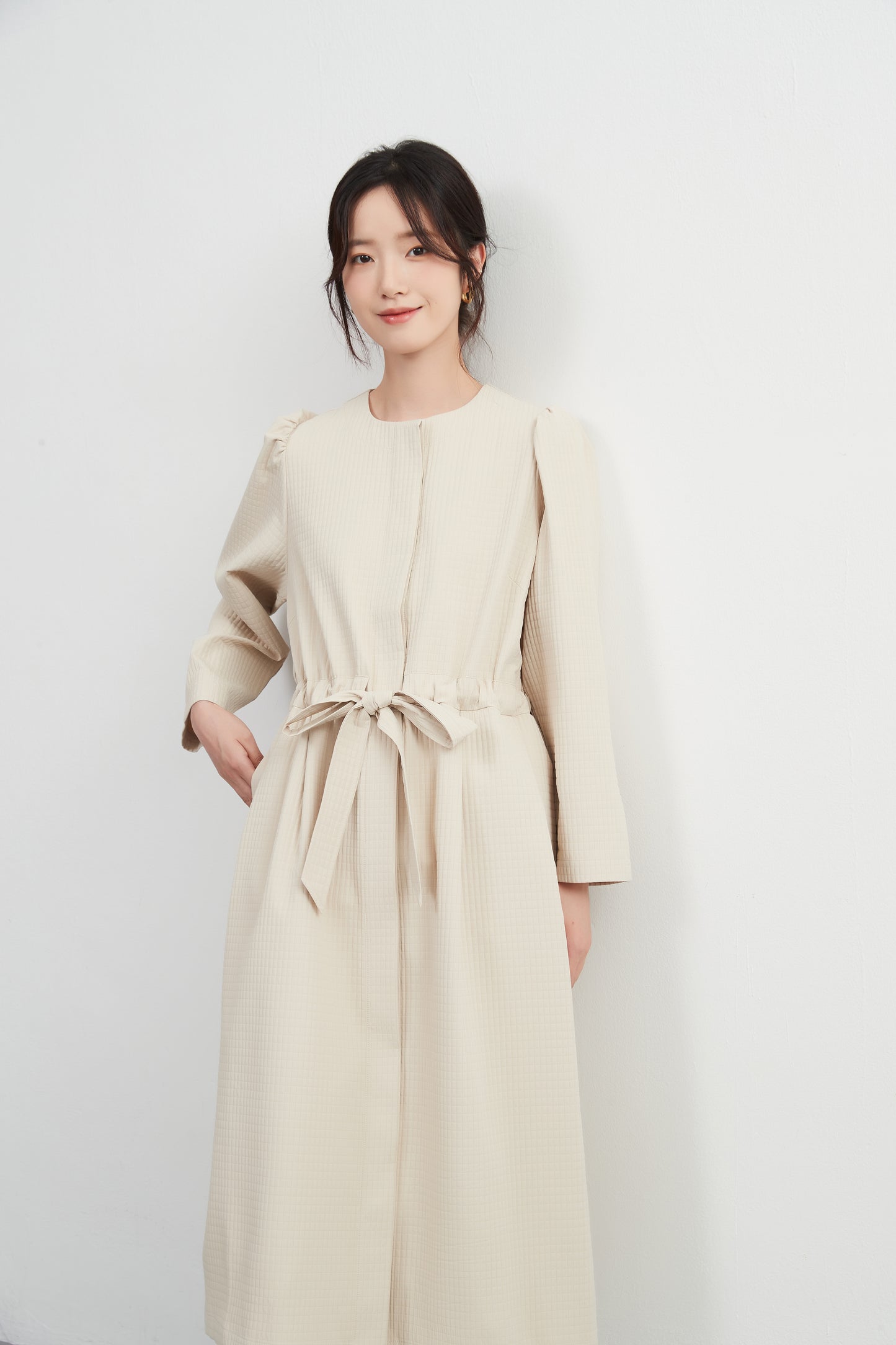 KNXJ512, ribbon belt dress-style jacket, long sleeve outerwear dress, three-dimensional lattice material