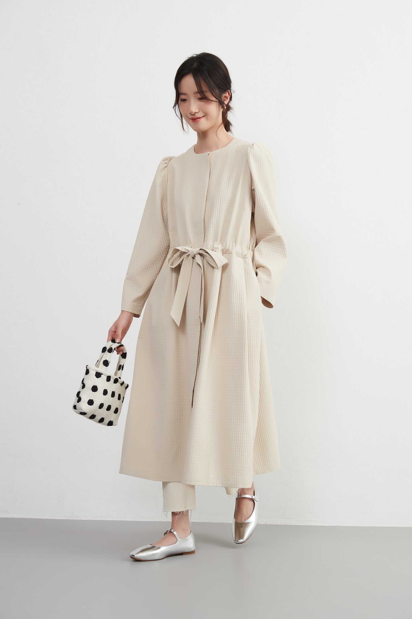 KNXJ512, ribbon belt dress-style jacket, long sleeve outerwear dress, three-dimensional lattice material