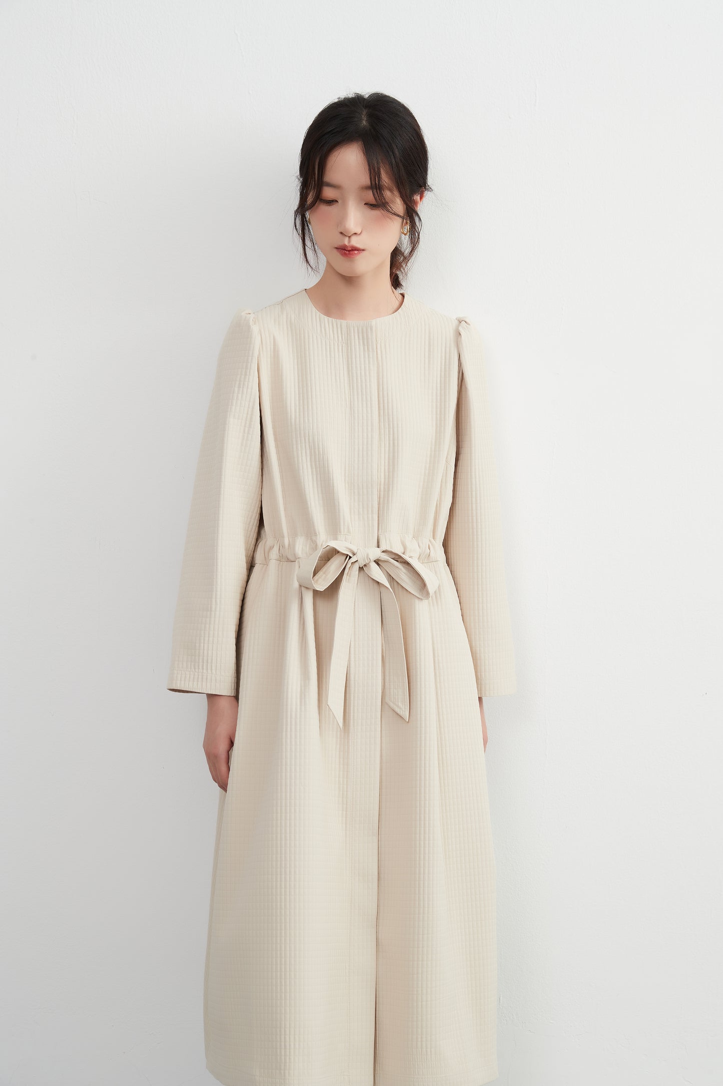 KNXJ512, ribbon belt dress-style jacket, long sleeve outerwear dress, three-dimensional lattice material