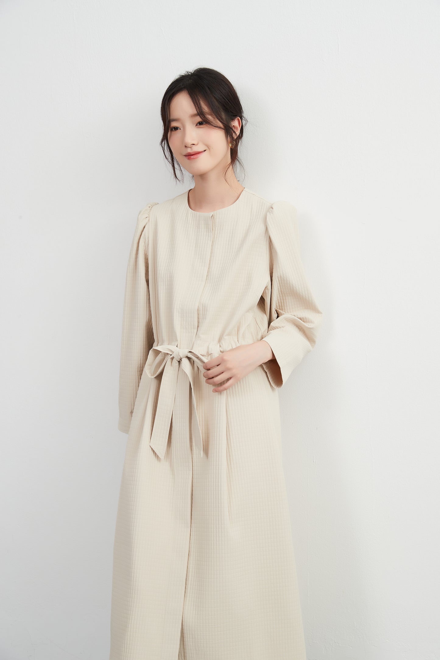 KNXJ512, ribbon belt dress-style jacket, long sleeve outerwear dress, three-dimensional lattice material