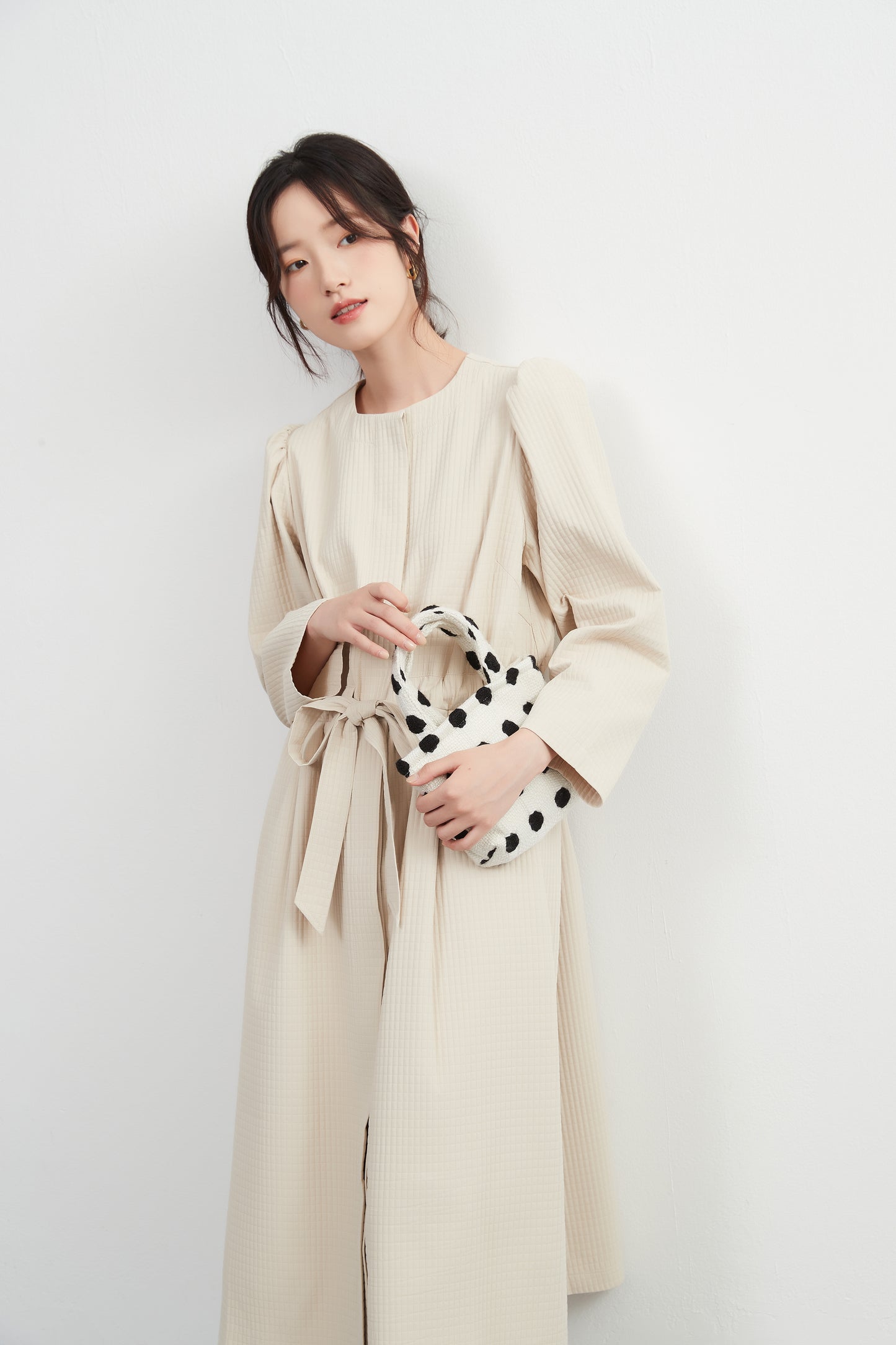 KNXJ512, ribbon belt dress-style jacket, long sleeve outerwear dress, three-dimensional lattice material