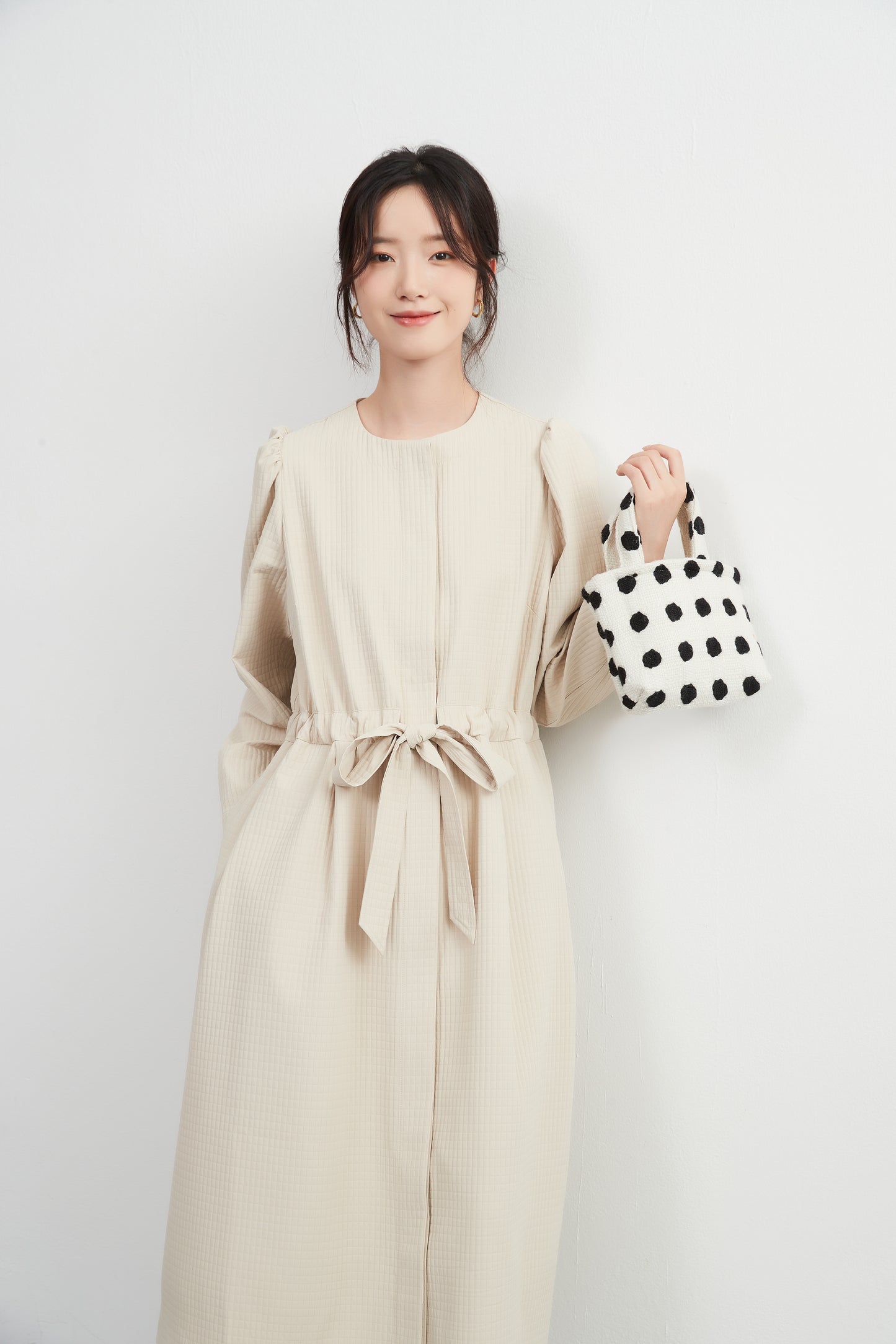 KNXJ512, ribbon belt dress-style jacket, long sleeve outerwear dress, three-dimensional lattice material