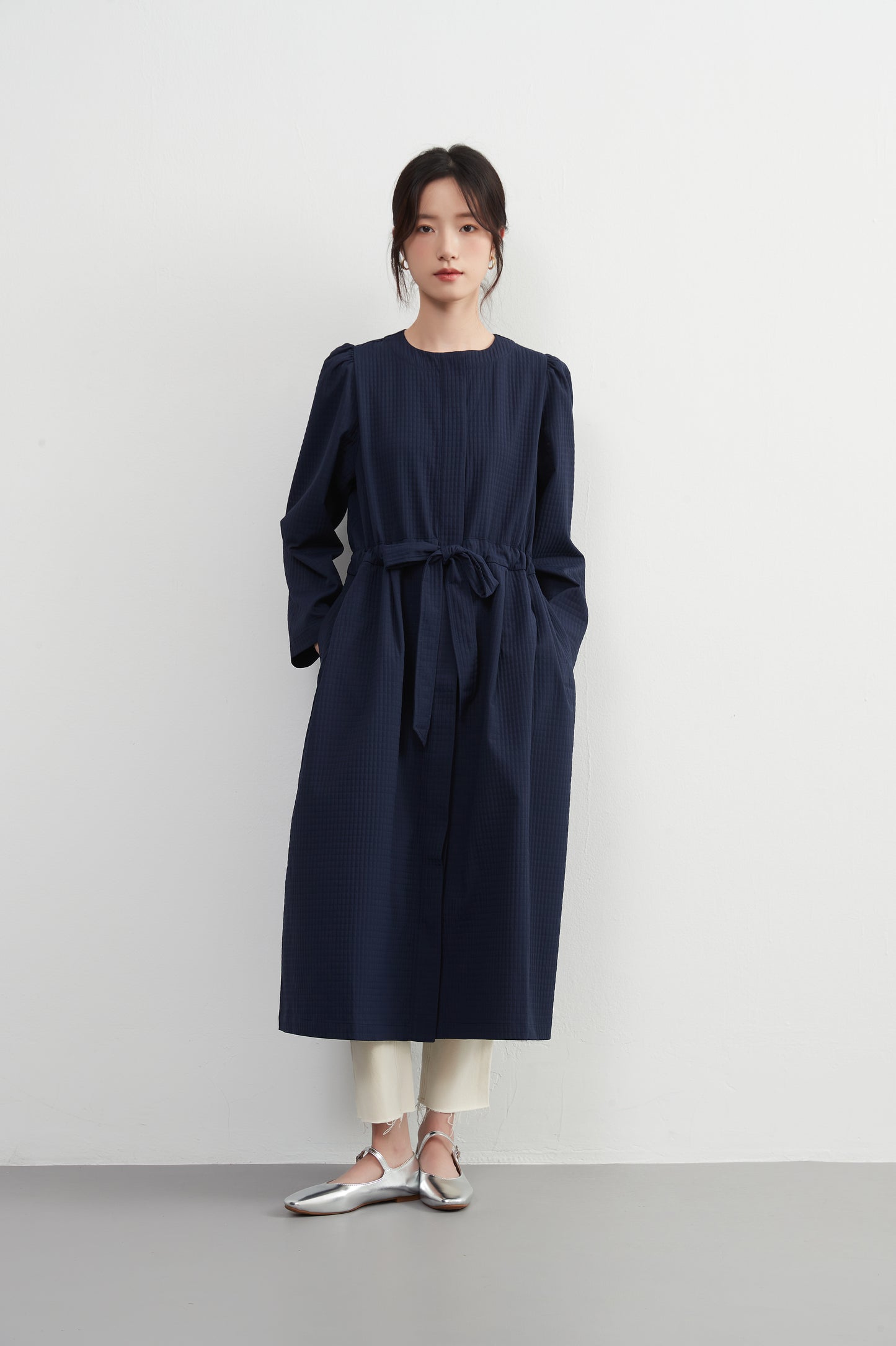 KNXJ512, ribbon belt dress-style jacket, long sleeve outerwear dress, three-dimensional lattice material