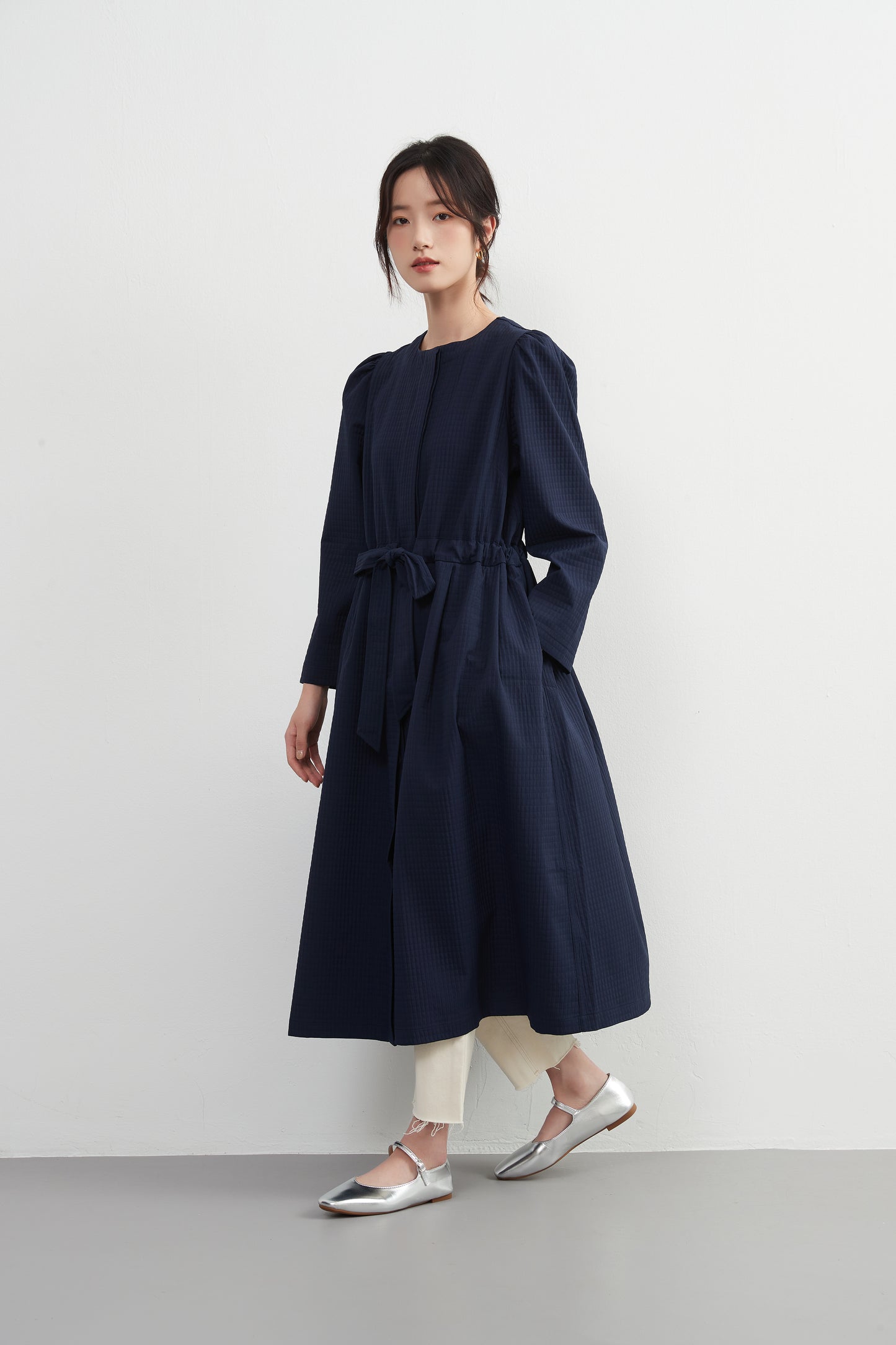 KNXJ512, ribbon belt dress-style jacket, long sleeve outerwear dress, three-dimensional lattice material