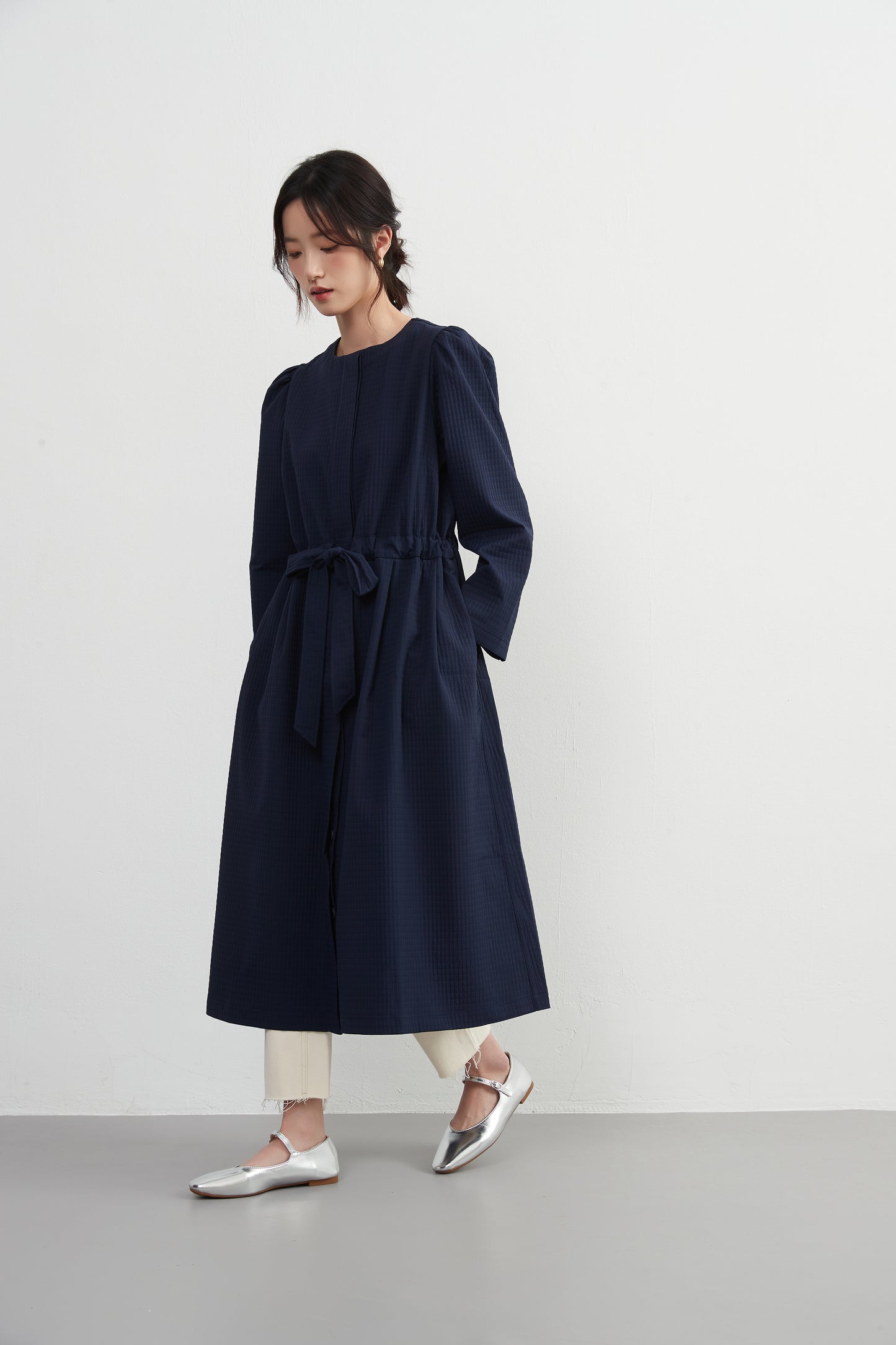 KNXJ512, ribbon belt dress-style jacket, long sleeve outerwear dress, three-dimensional lattice material