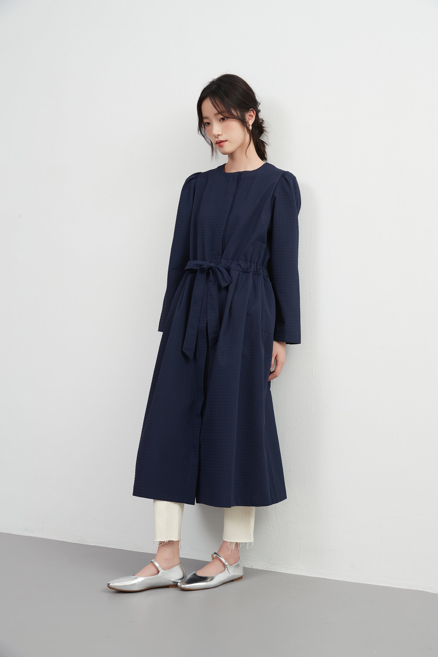 KNXJ512, ribbon belt dress-style jacket, long sleeve outerwear dress, three-dimensional lattice material