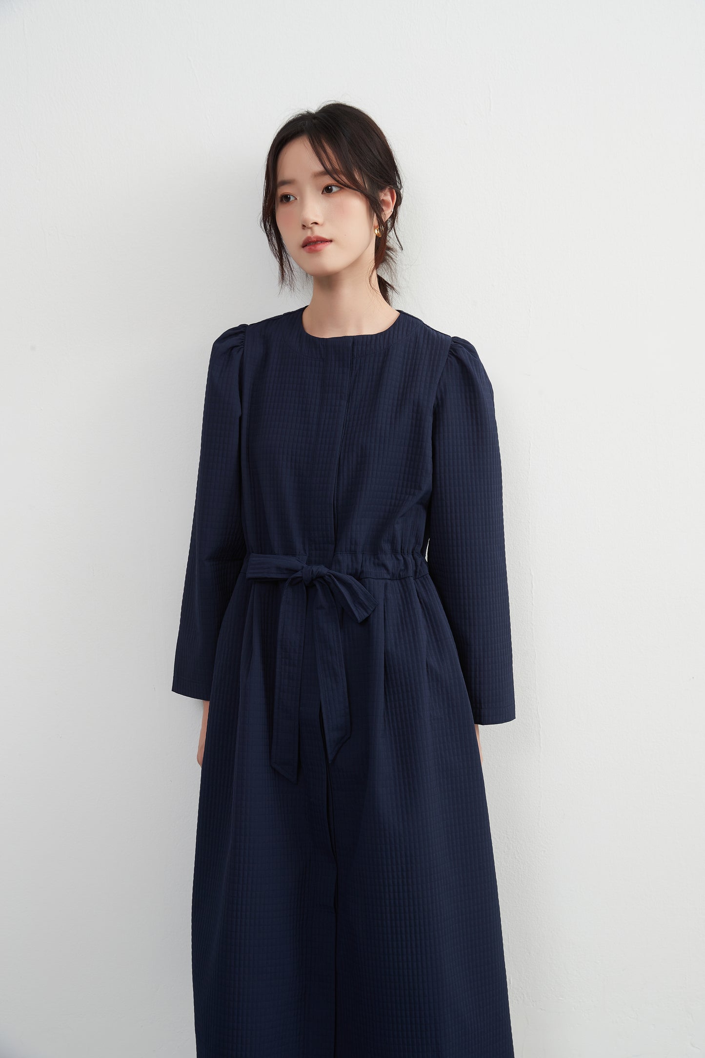 KNXJ512, ribbon belt dress-style jacket, long sleeve outerwear dress, three-dimensional lattice material