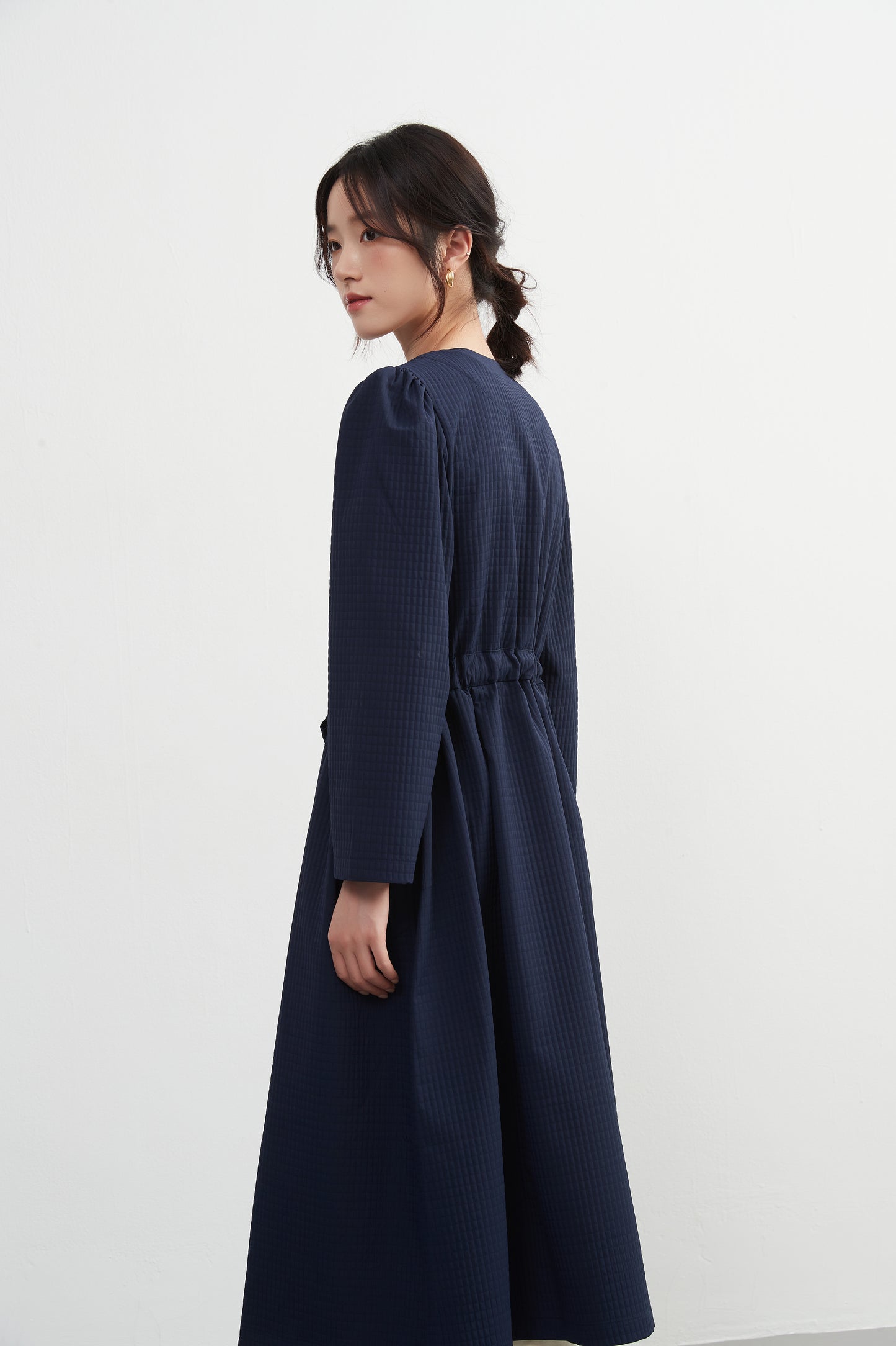 KNXJ512, ribbon belt dress-style jacket, long sleeve outerwear dress, three-dimensional lattice material