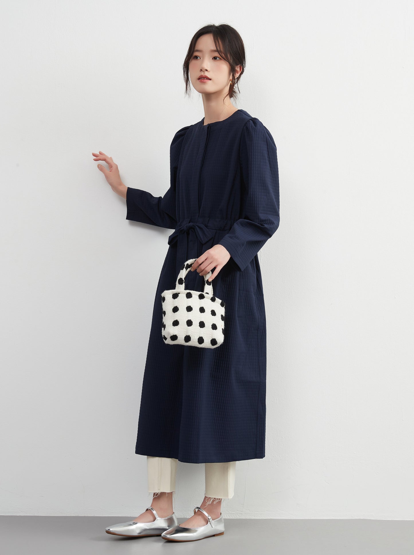 KNXJ512, ribbon belt dress-style jacket, long sleeve outerwear dress, three-dimensional lattice material