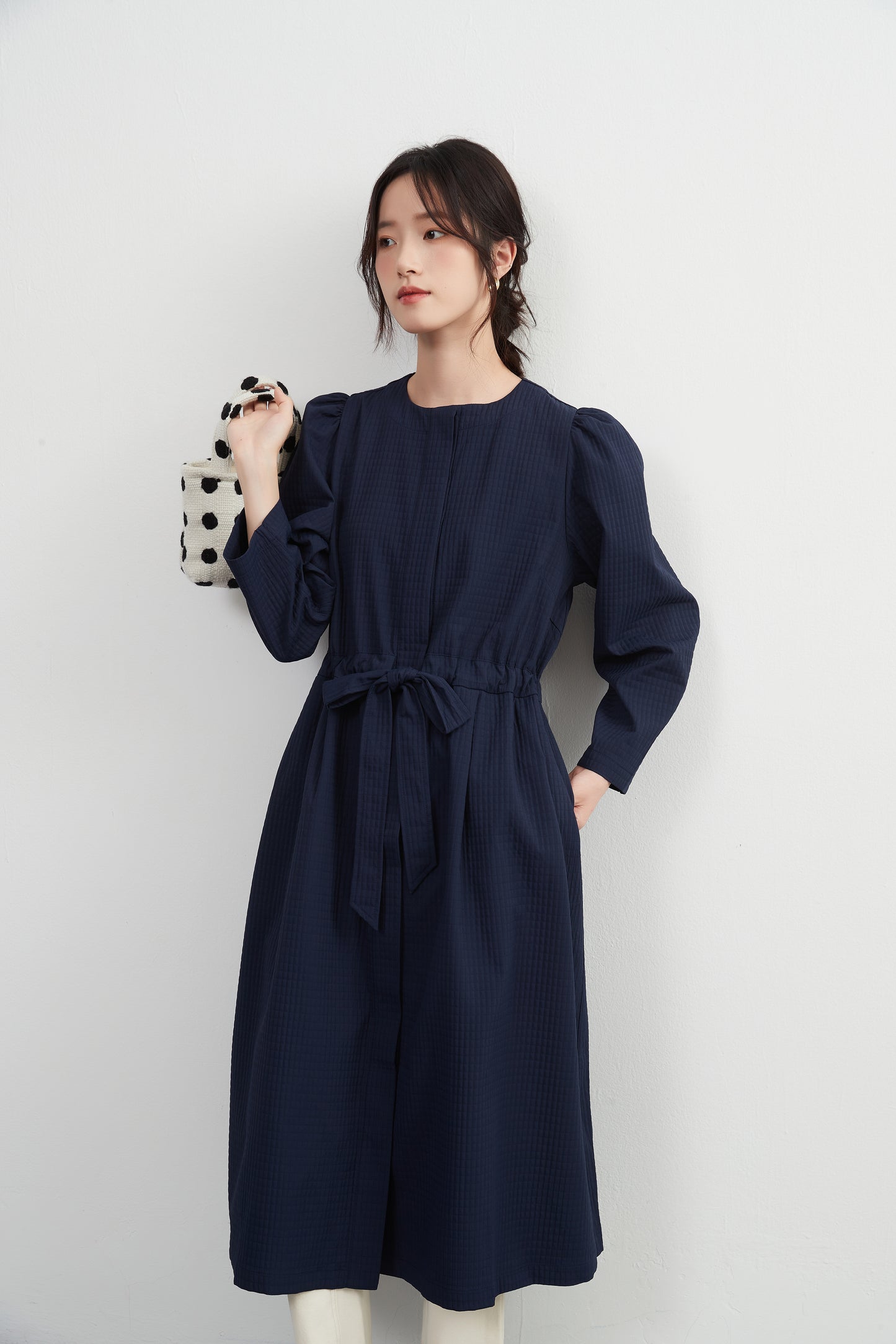 KNXJ512, ribbon belt dress-style jacket, long sleeve outerwear dress, three-dimensional lattice material