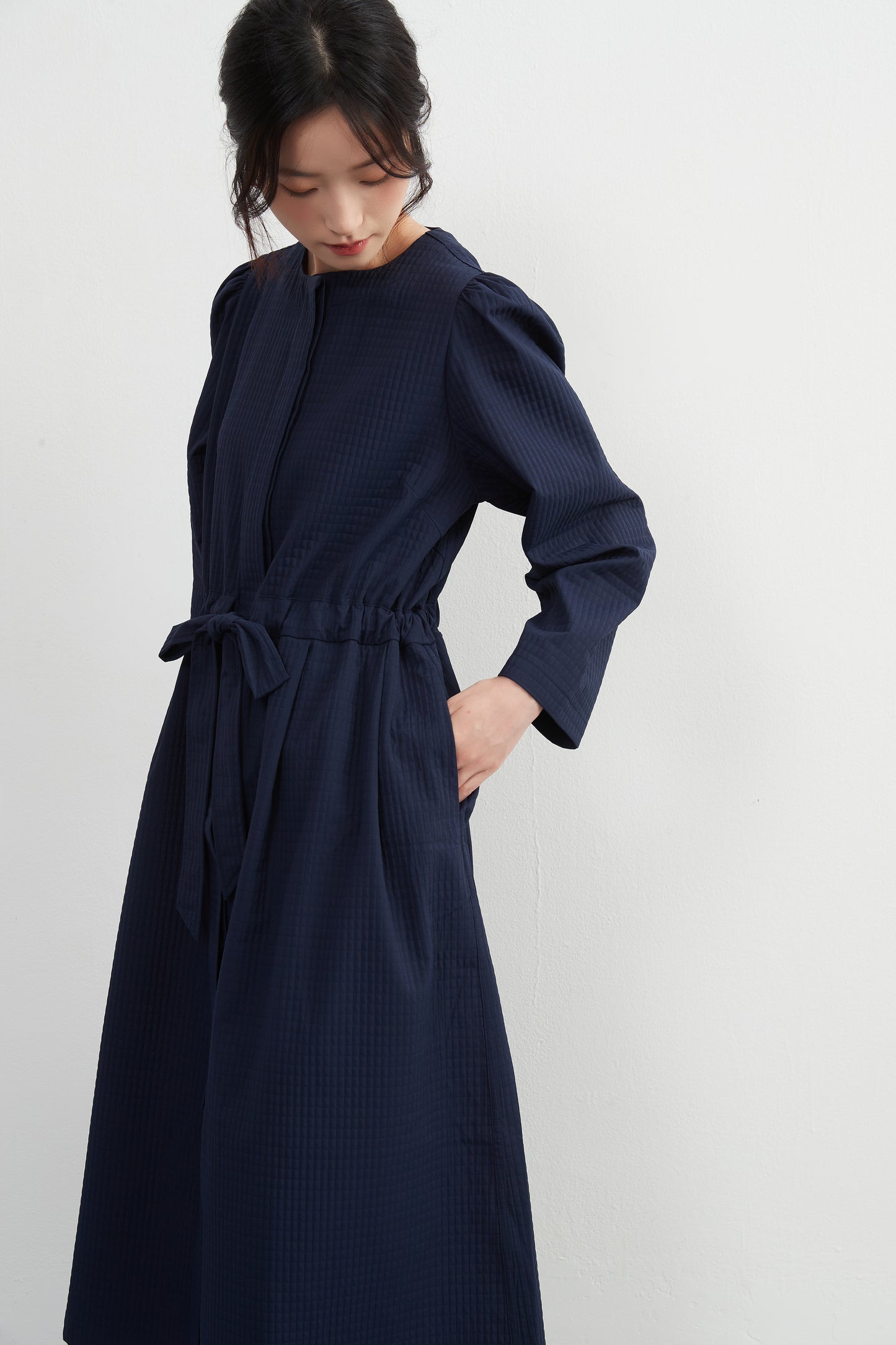 KNXJ512, ribbon belt dress-style jacket, long sleeve outerwear dress, three-dimensional lattice material