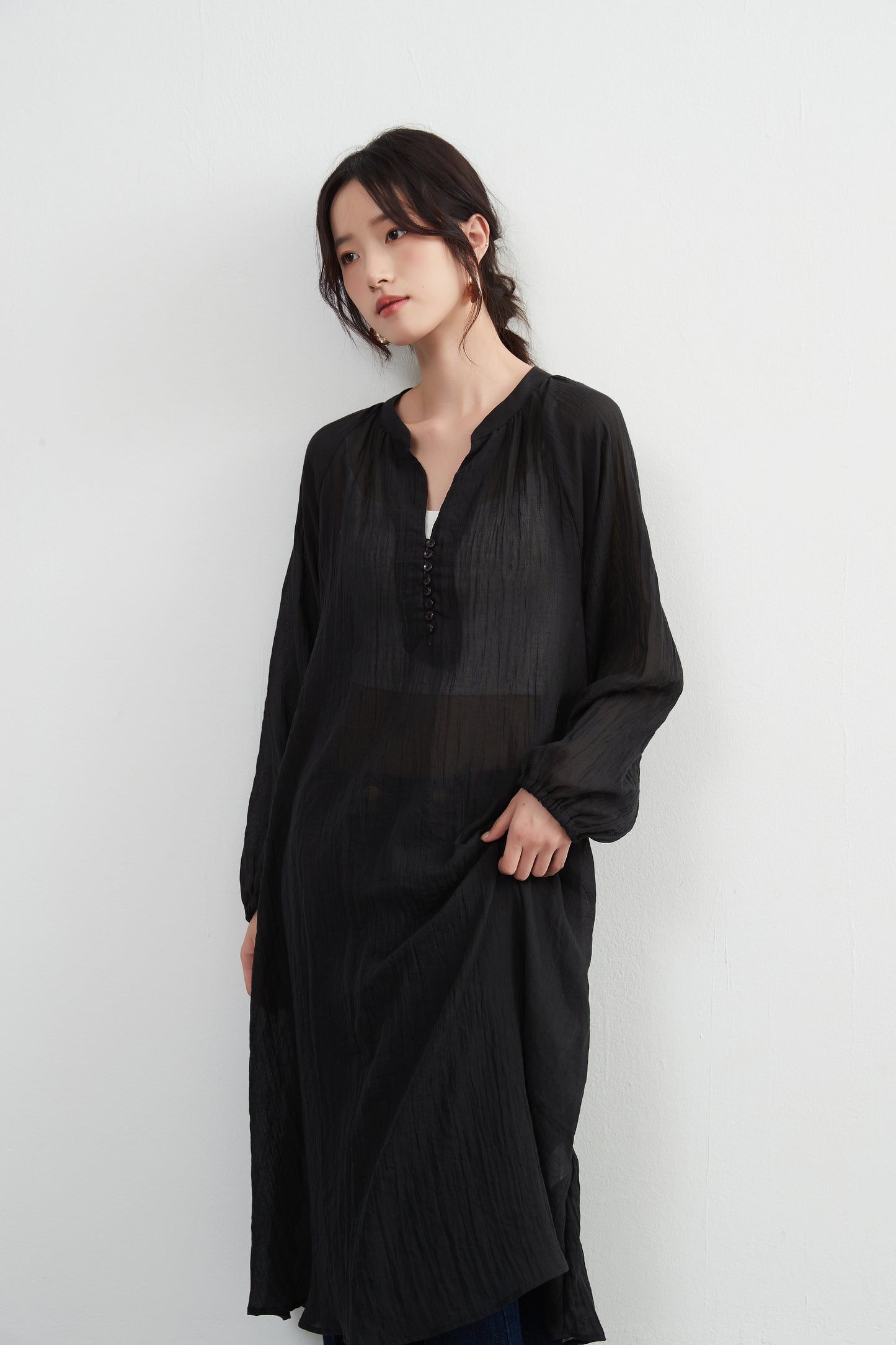 KNXO513 - Lightweight cotton blend sheer long sleeve tunic dress - Convenient for layering - Covers the body