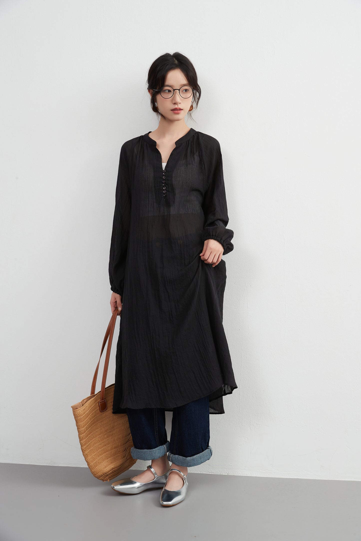 KNXO513 - Lightweight cotton blend sheer long sleeve tunic dress - Convenient for layering - Covers the body