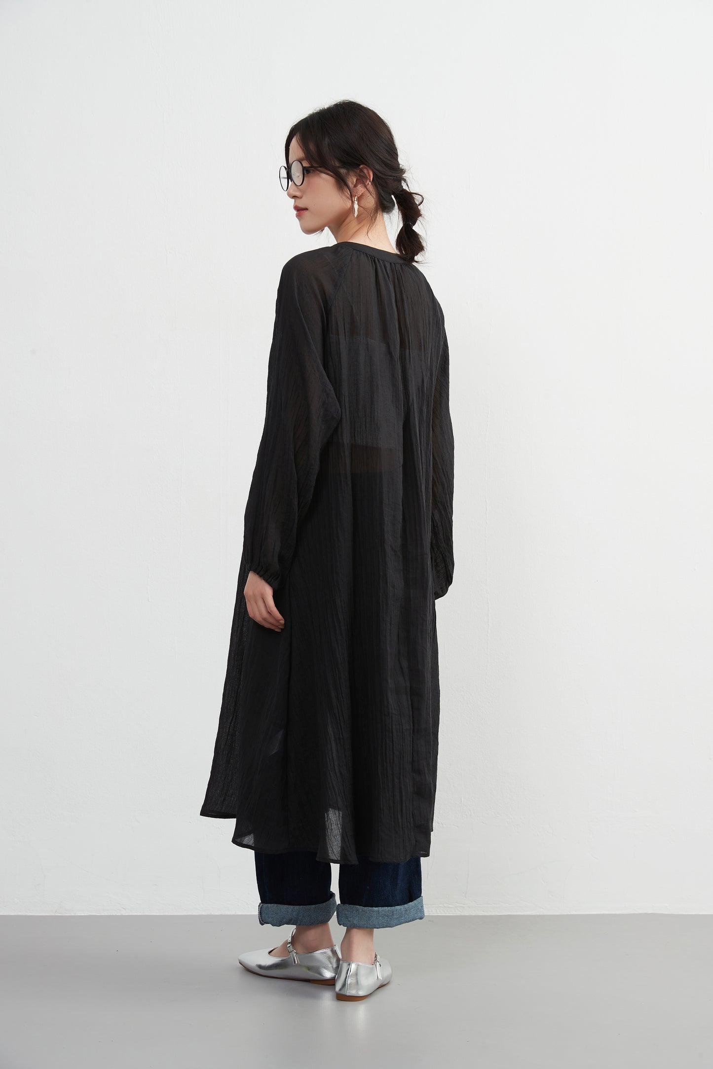 KNXO513 - Lightweight cotton blend sheer long sleeve tunic dress - Convenient for layering - Covers the body