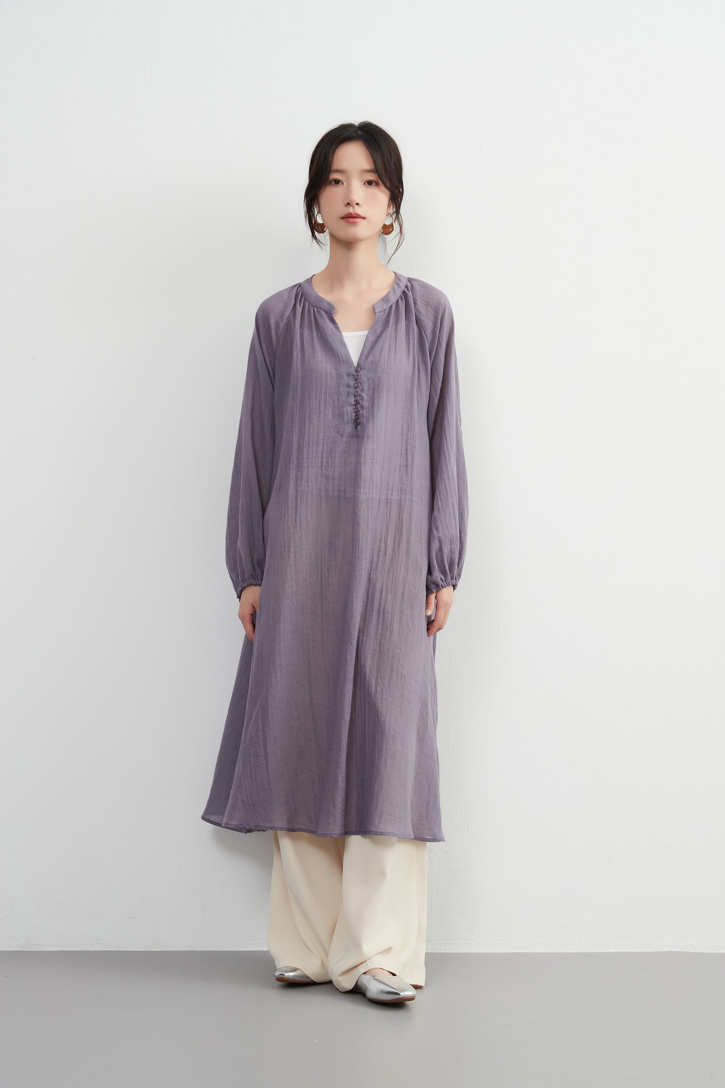 KNXO513 - Lightweight cotton blend sheer long sleeve tunic dress - Convenient for layering - Covers the body