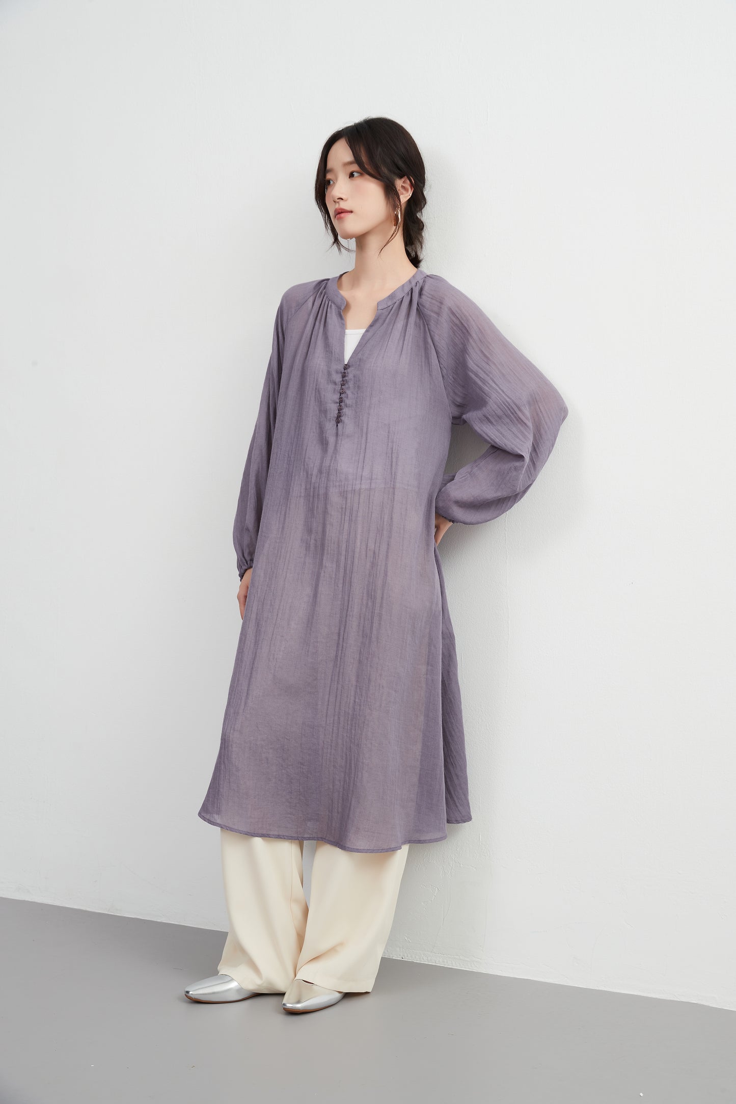 KNXO513 - Lightweight cotton blend sheer long sleeve tunic dress - Convenient for layering - Covers the body