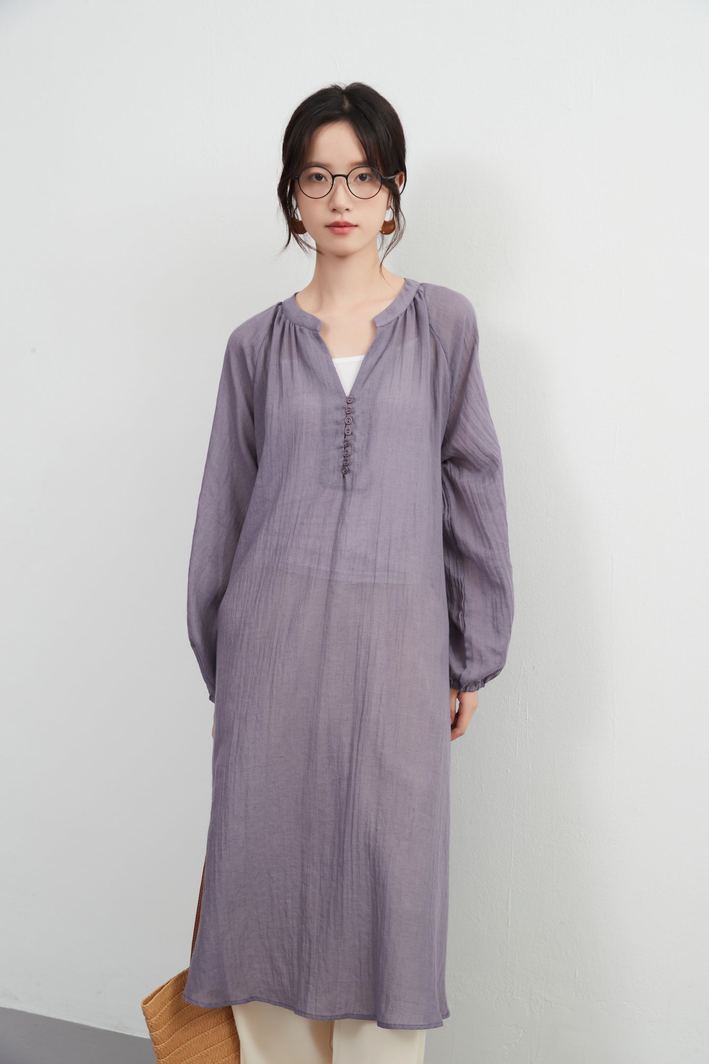 KNXO513 - Lightweight cotton blend sheer long sleeve tunic dress - Convenient for layering - Covers the body