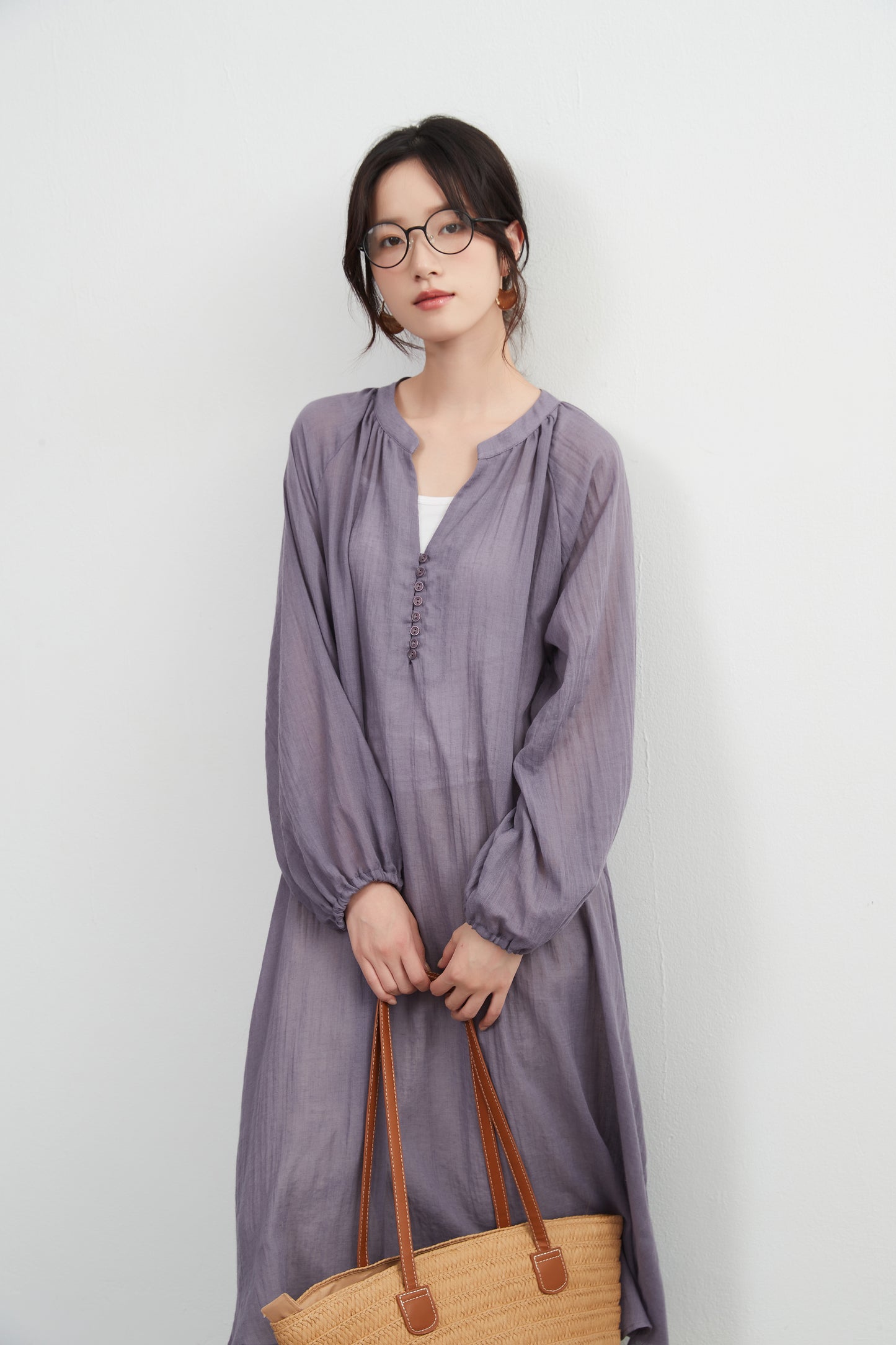 KNXO513 - Lightweight cotton blend sheer long sleeve tunic dress - Convenient for layering - Covers the body