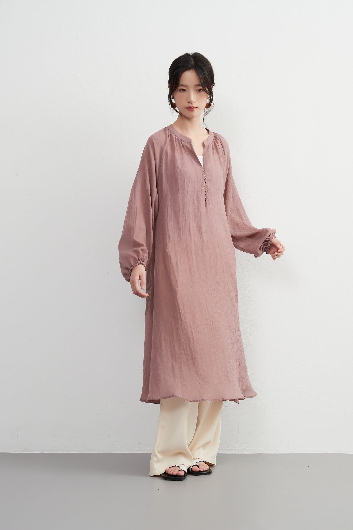 KNXO513 - Lightweight cotton blend sheer long sleeve tunic dress - Convenient for layering - Covers the body