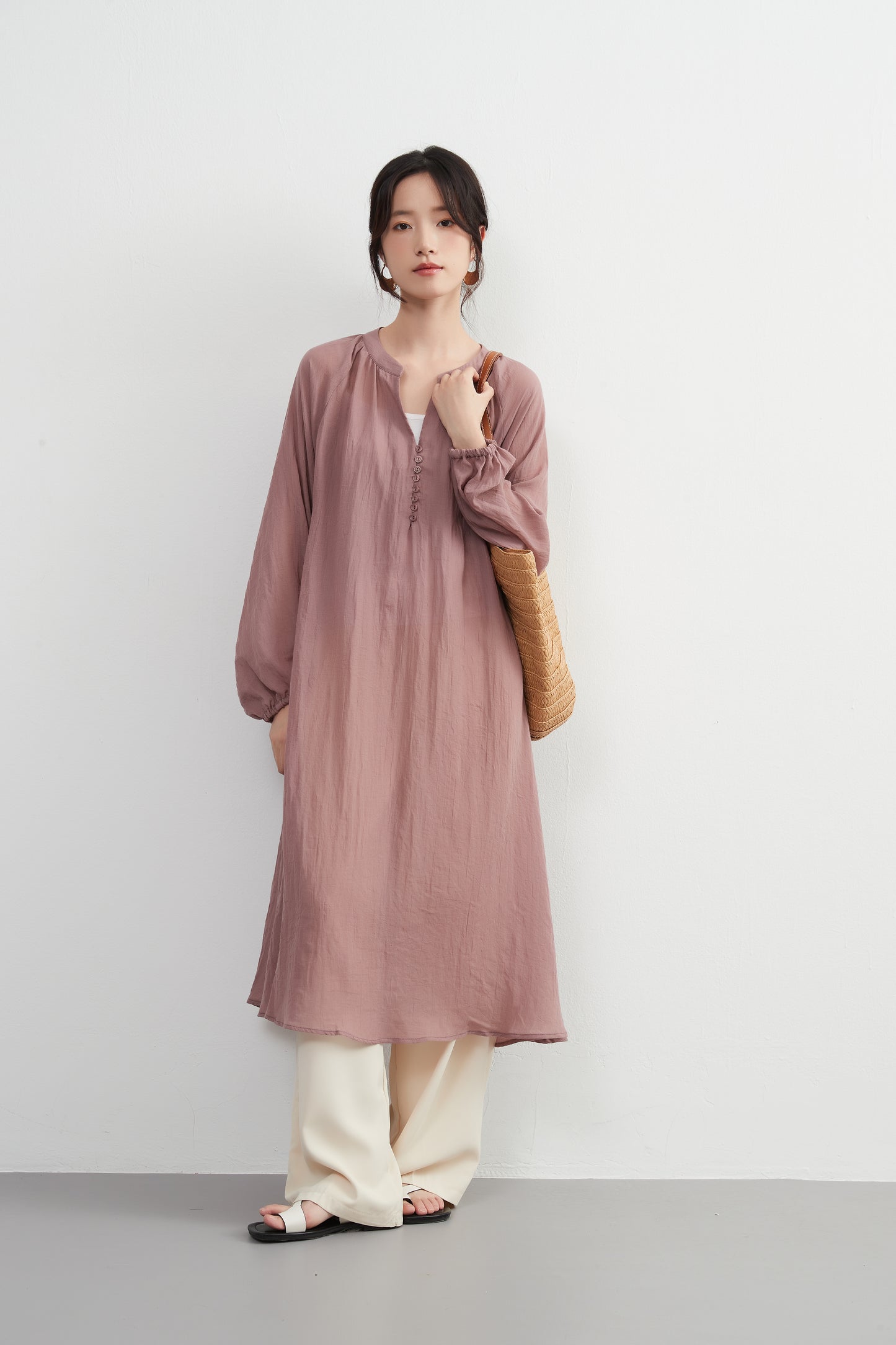 KNXO513 - Lightweight cotton blend sheer long sleeve tunic dress - Convenient for layering - Covers the body