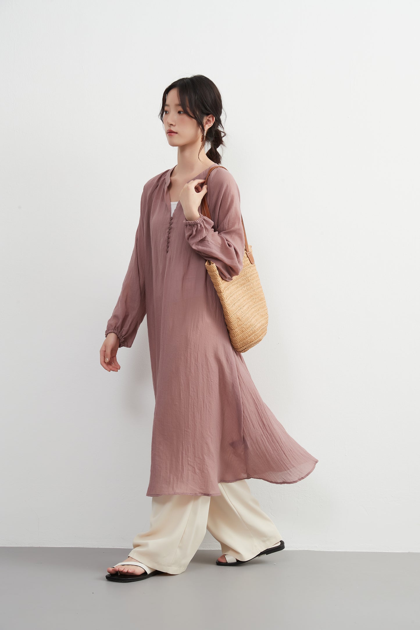 KNXO513 - Lightweight cotton blend sheer long sleeve tunic dress - Convenient for layering - Covers the body