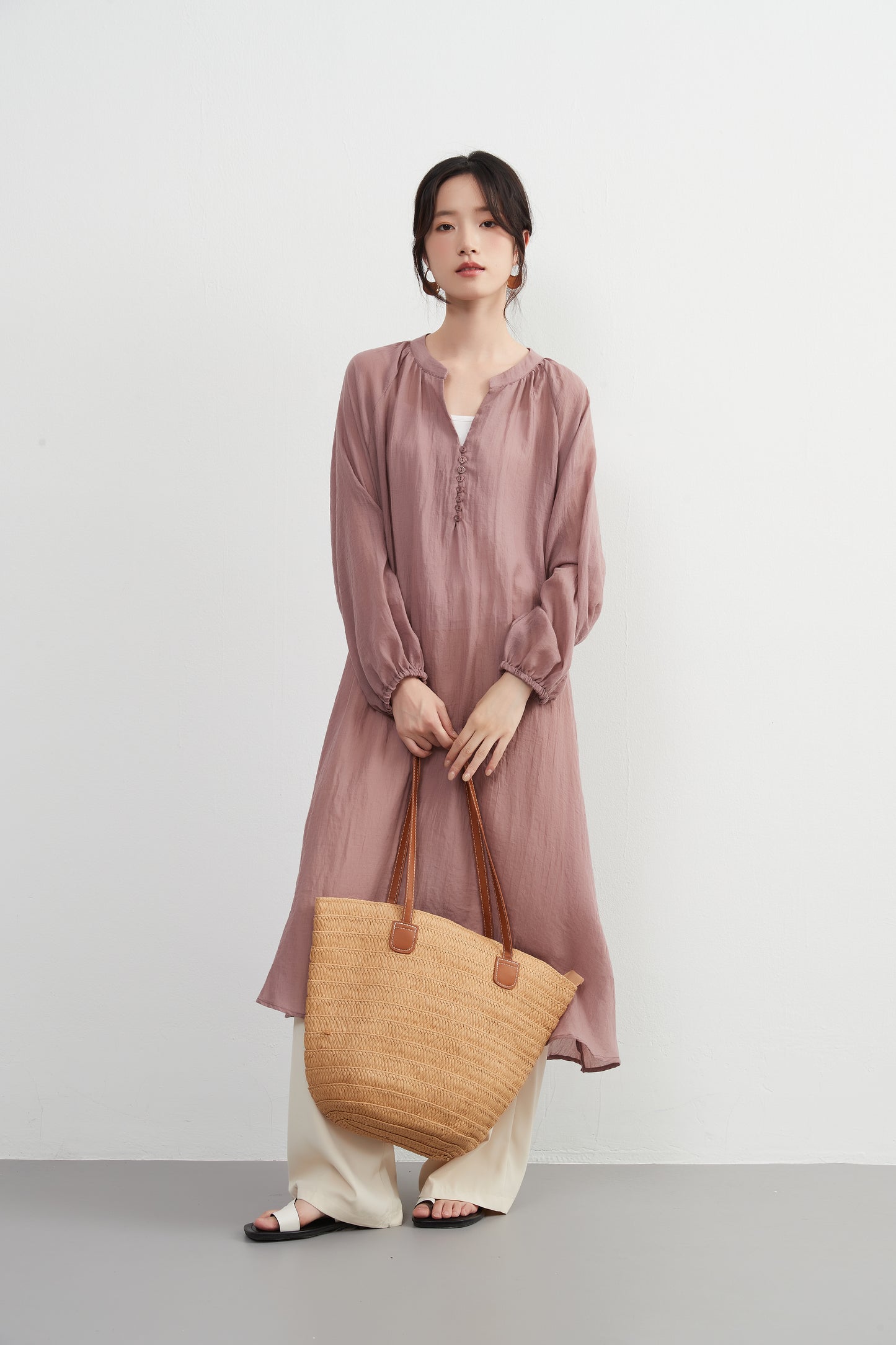 KNXO513 - Lightweight cotton blend sheer long sleeve tunic dress - Convenient for layering - Covers the body