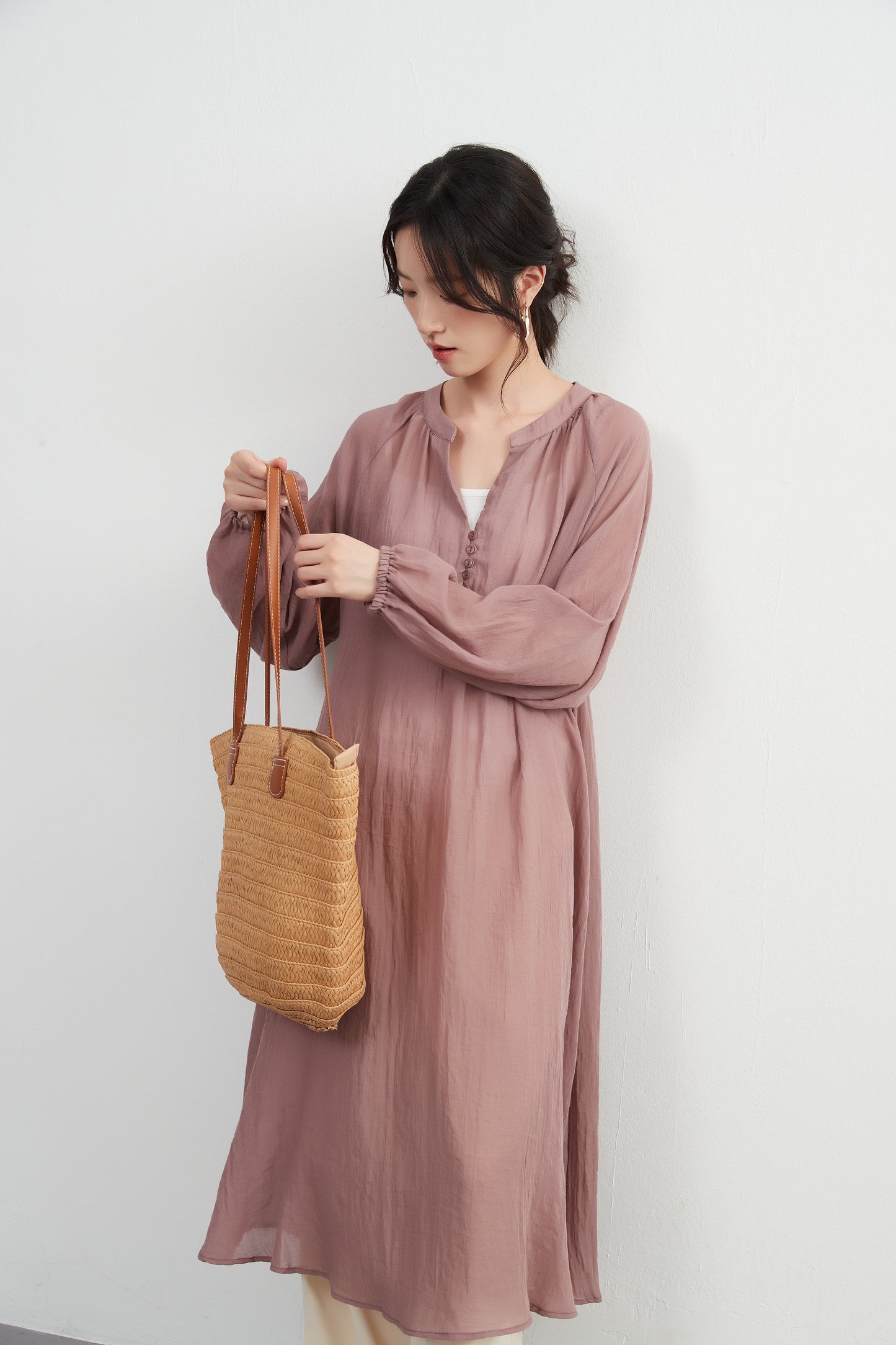 KNXO513 - Lightweight cotton blend sheer long sleeve tunic dress - Convenient for layering - Covers the body