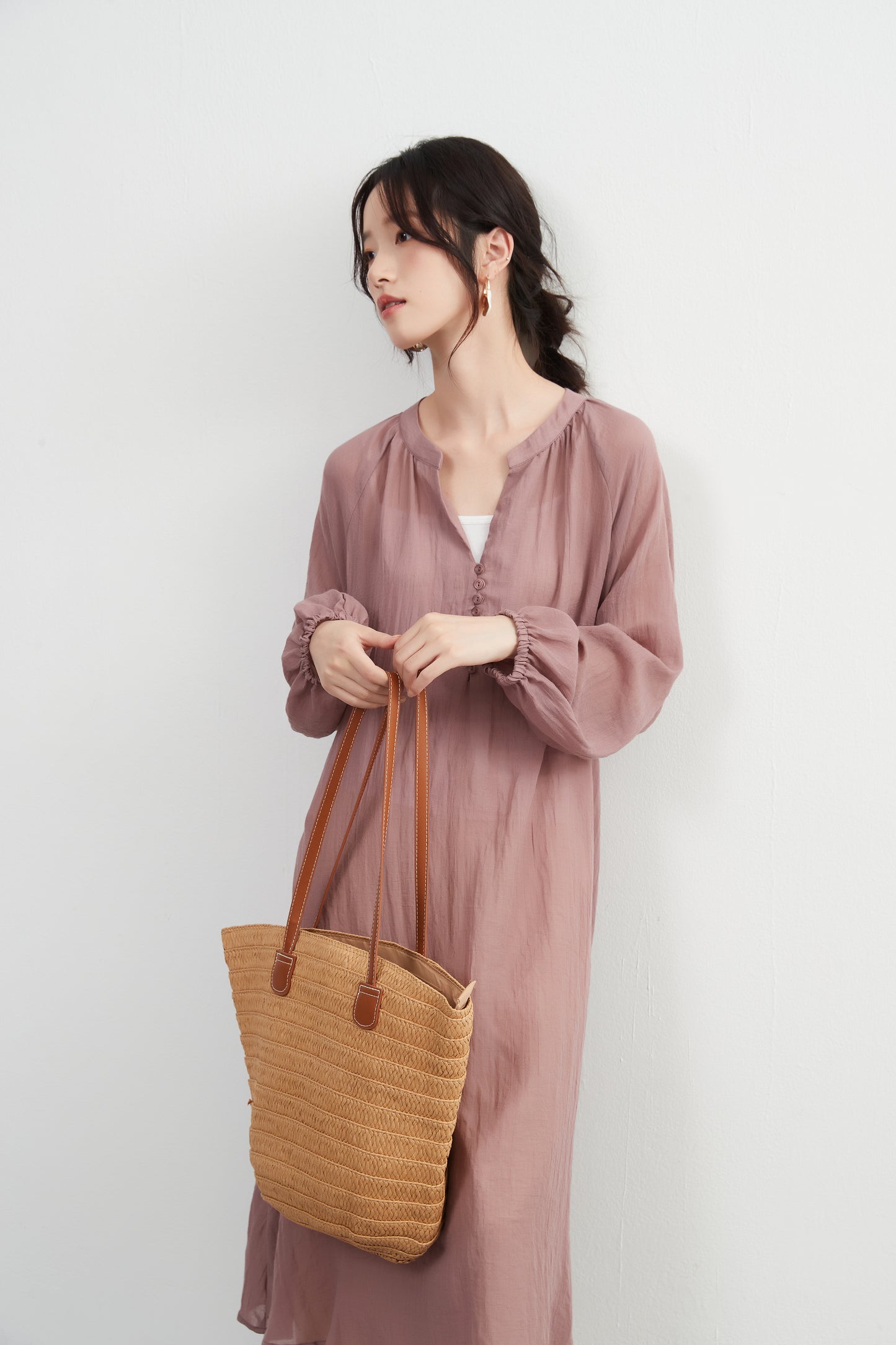 KNXO513 - Lightweight cotton blend sheer long sleeve tunic dress - Convenient for layering - Covers the body