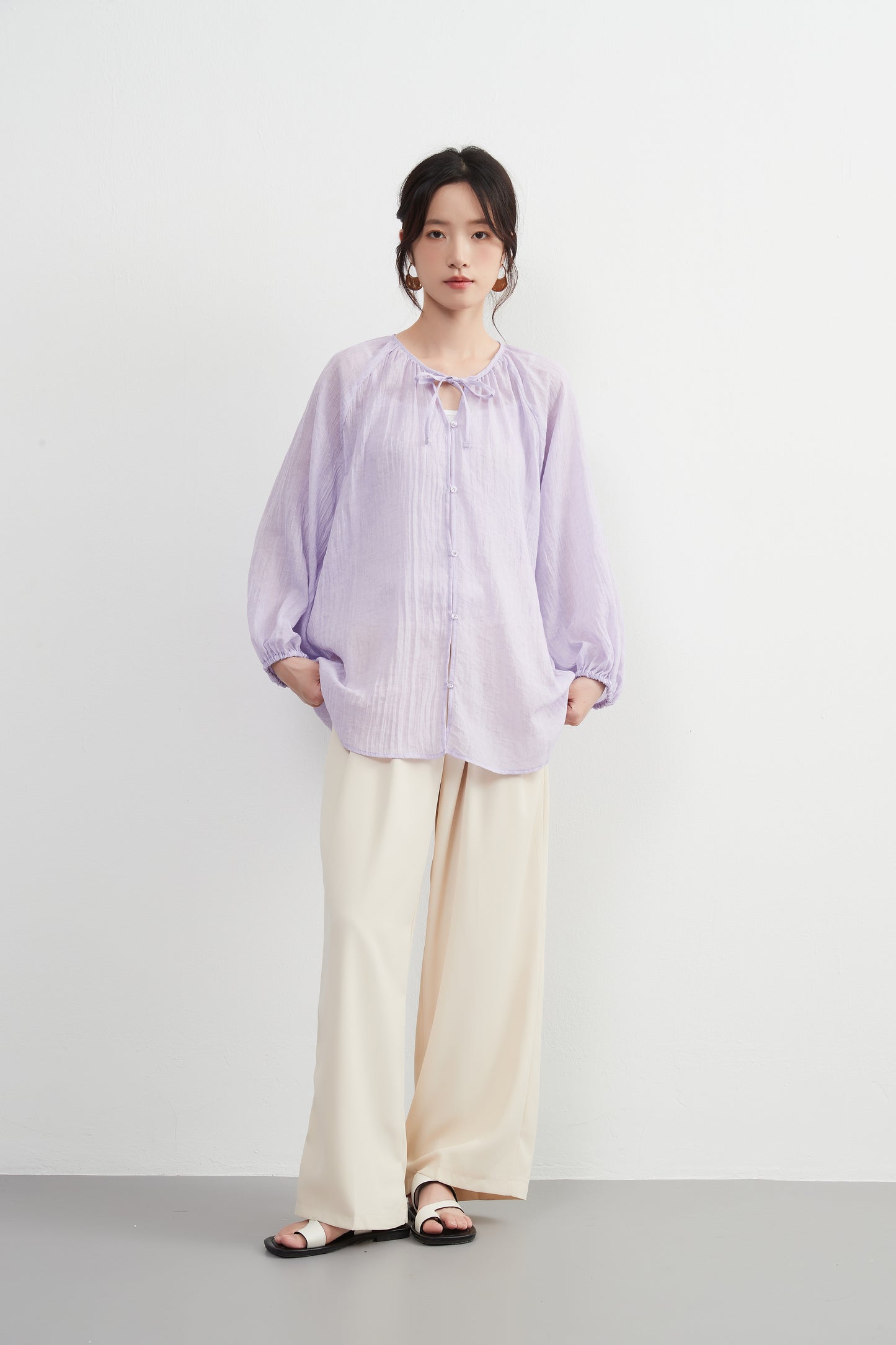 KNXT518 - Sheer cotton blend long sleeve gathered blouse, protection from the sun and air conditioning, lightweight cardigan in a pretty color